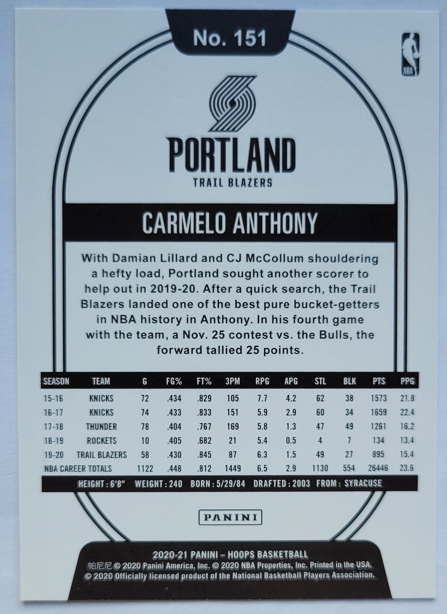Carmelo Anthony - 2020-21 Hoops #151