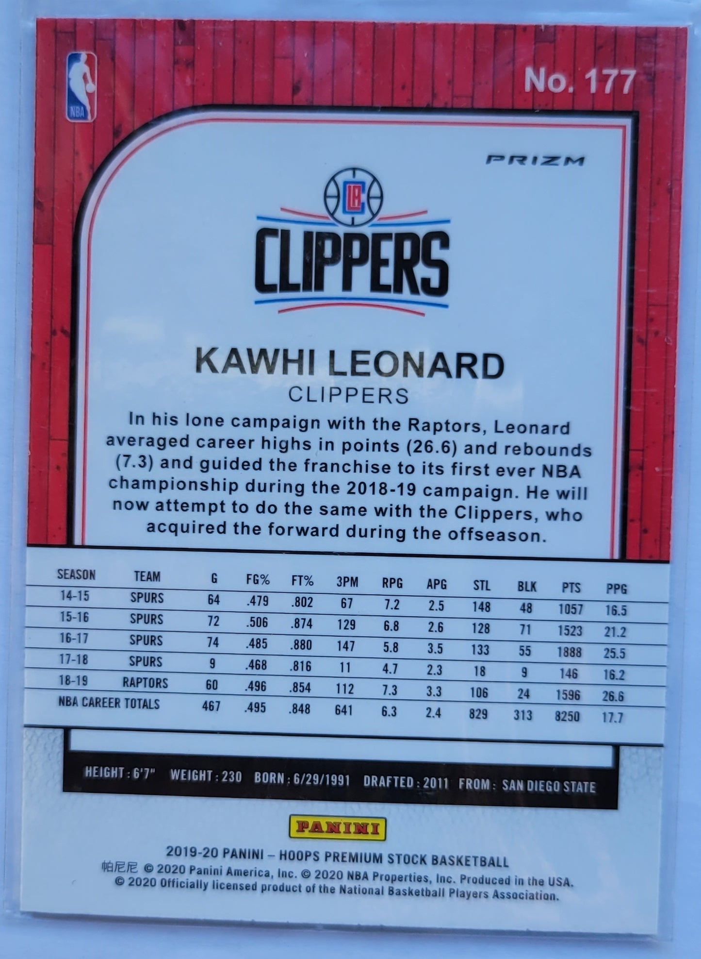 Kawhi Leonard - 2019-20 Hoops Premium Stock Prizms Pulsar #177