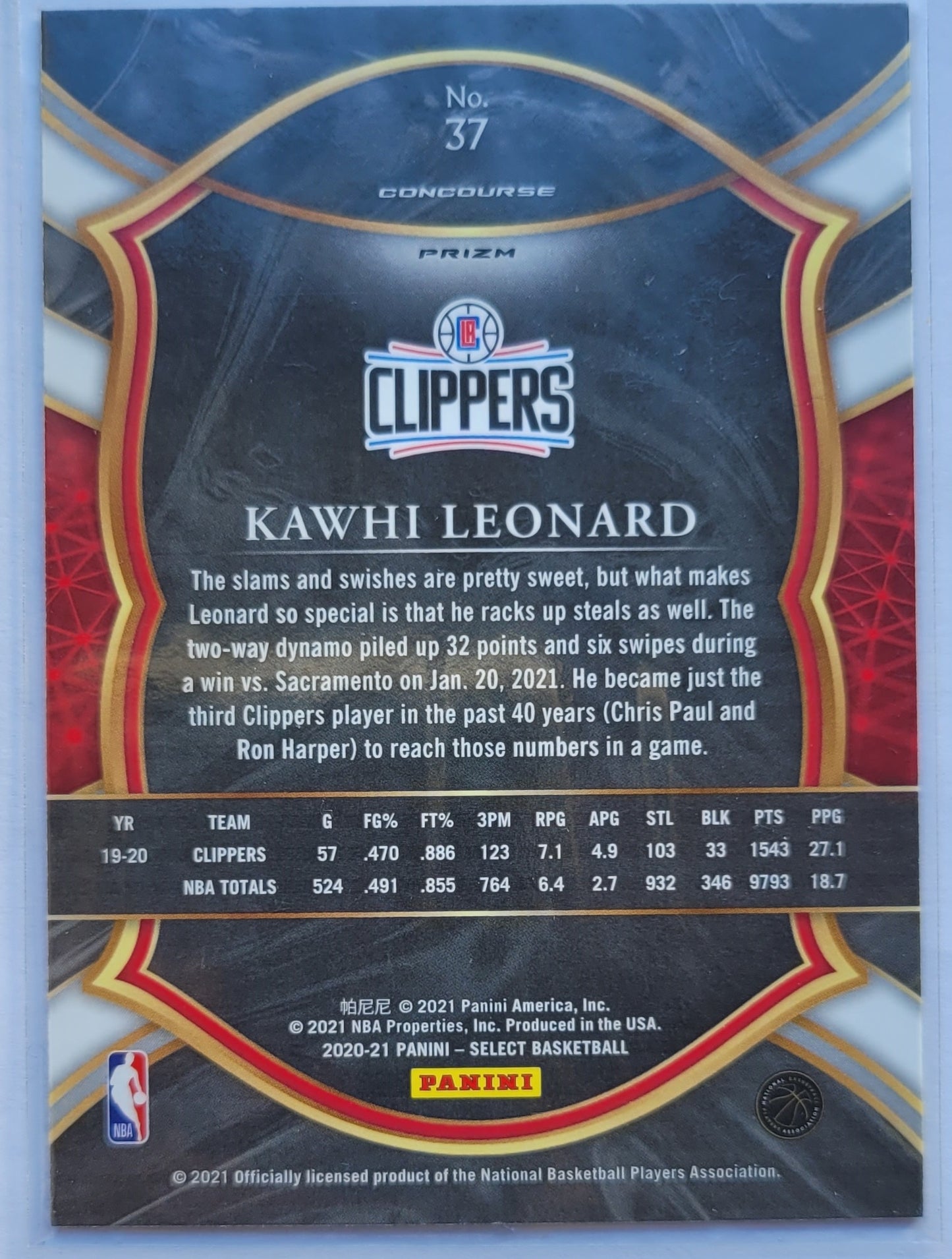 Kawhi Leonard - 2020-21 Select Prizms Red White Orange Flash #37