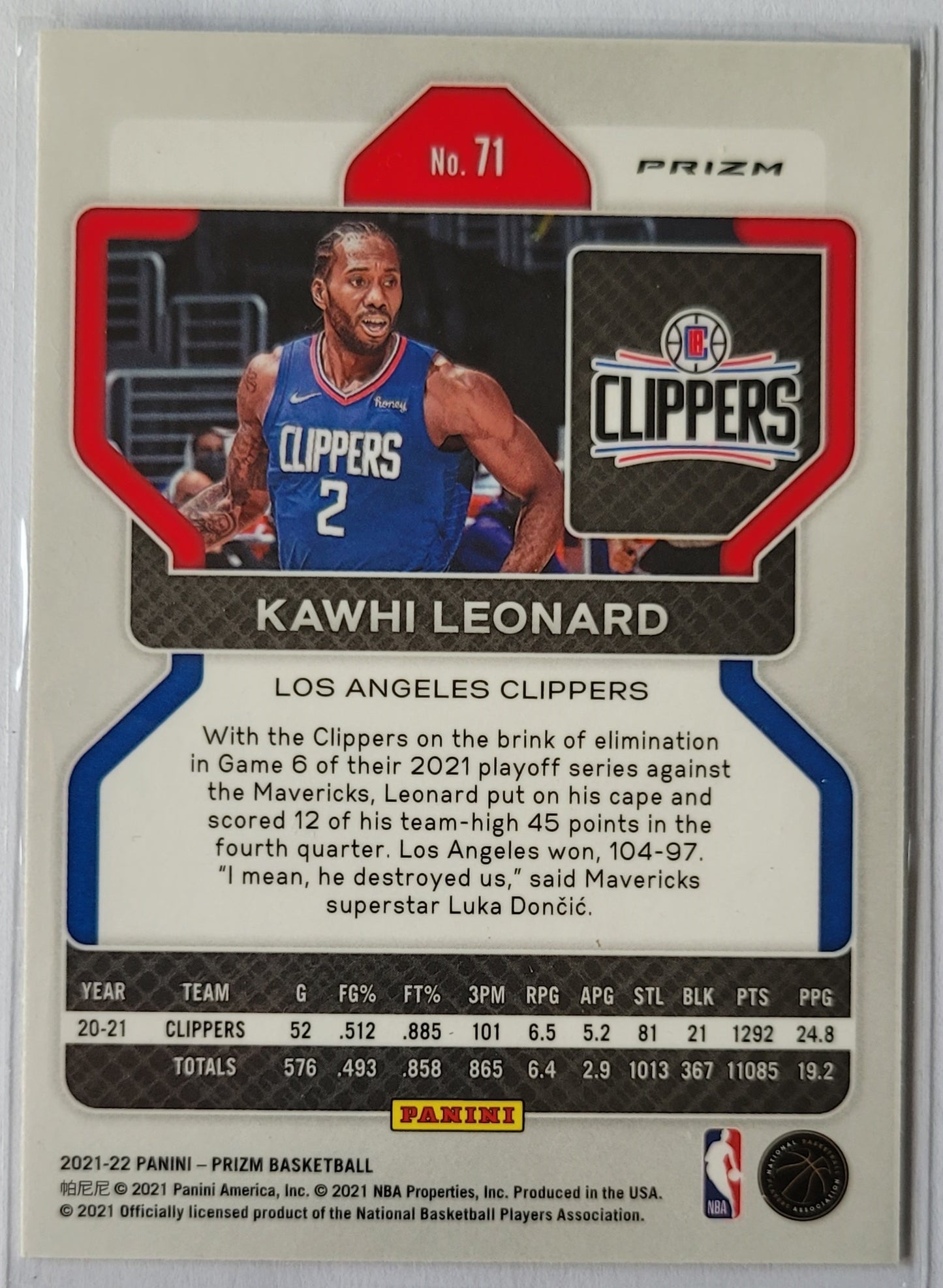 Kawhi Leonard - 2021-22 Panini Prizm Prizms Silver #71