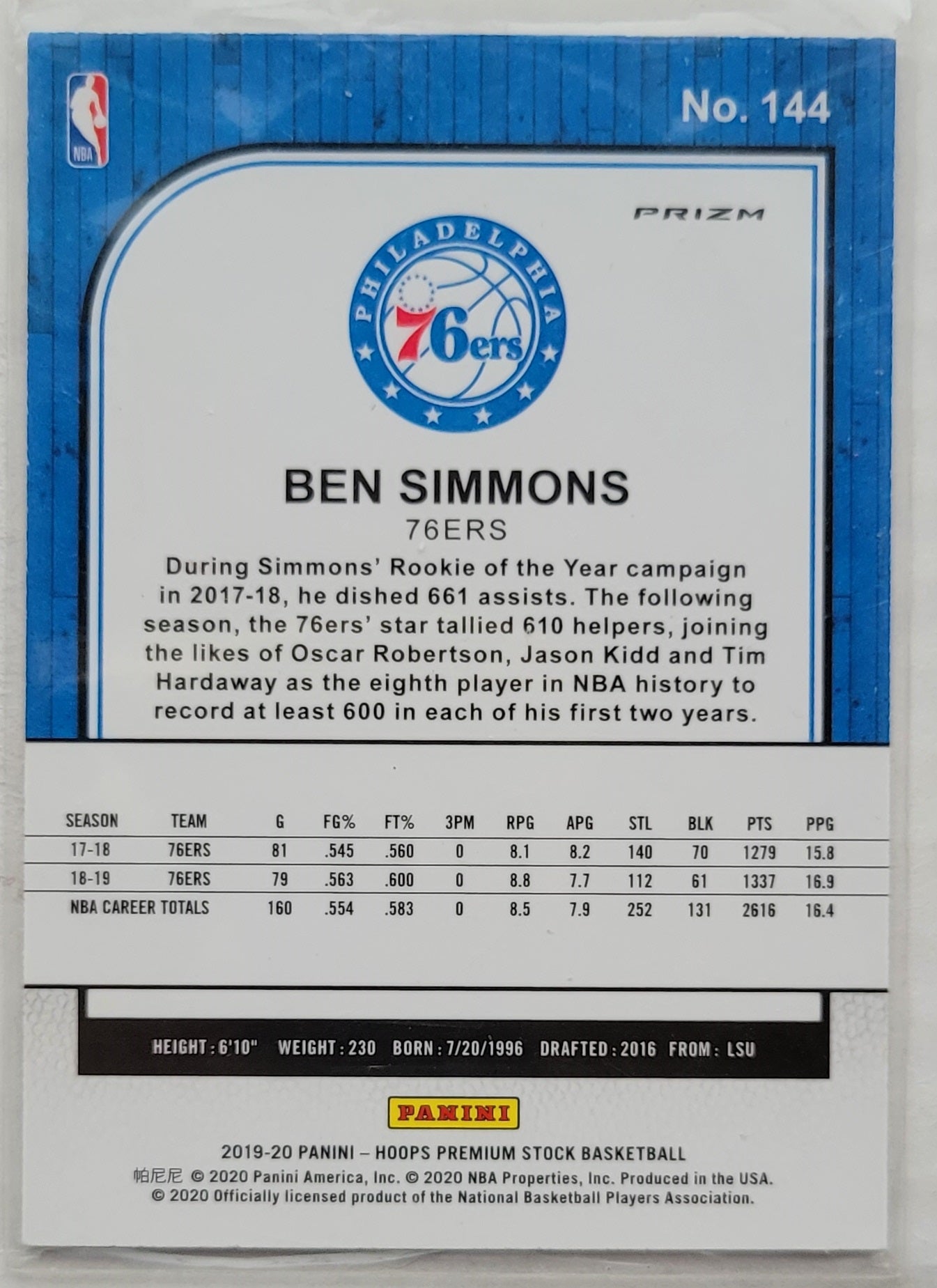 Ben Simmons - 2019-20 Hoops Premium Stock Prizms Pulsar #144