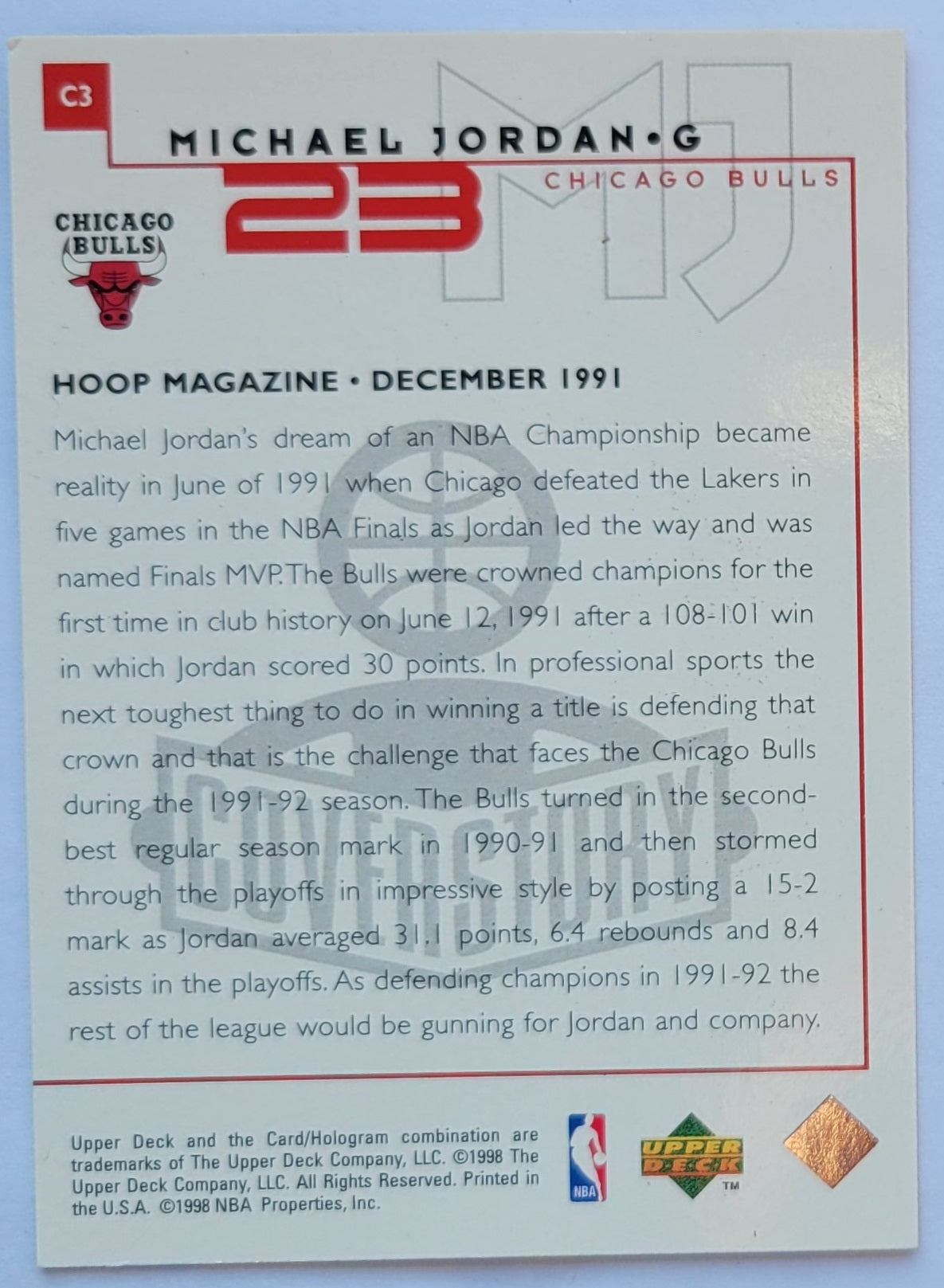 Michael Jordan - 1998 Upper Deck Michael Jordan Living Legend Cover Story #C3 Hoop 12/91