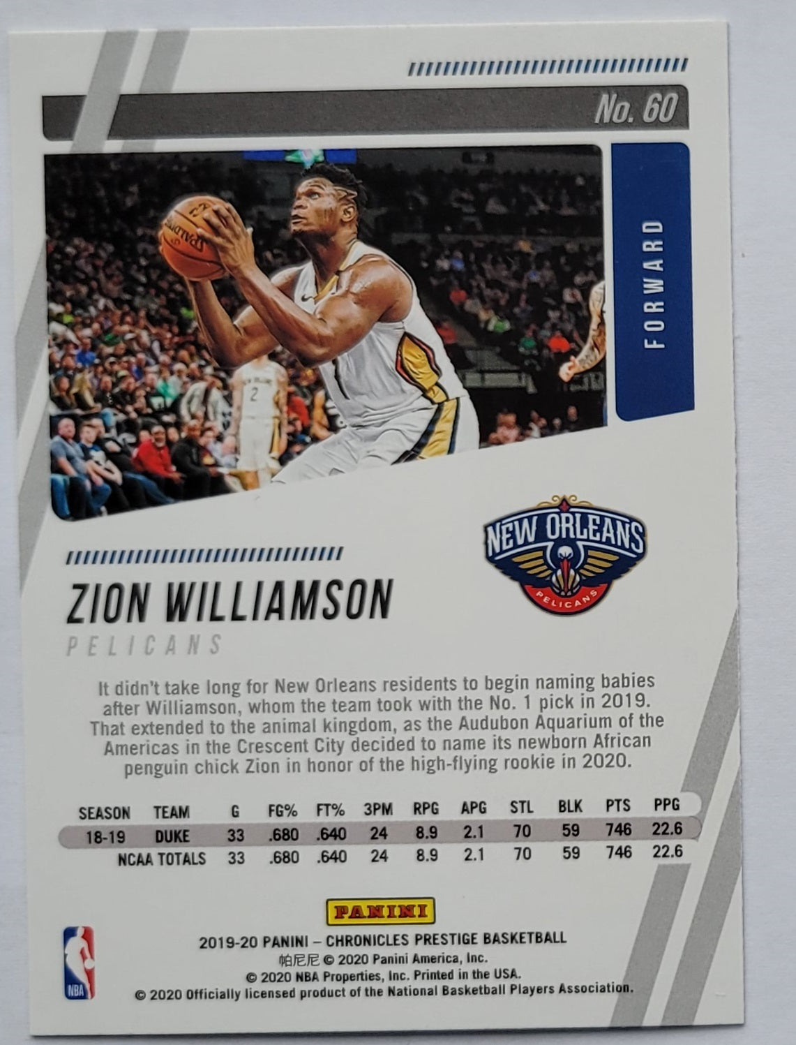 Zion Williamson - 2019-20 Panini Chronicles #60 RC Prestige