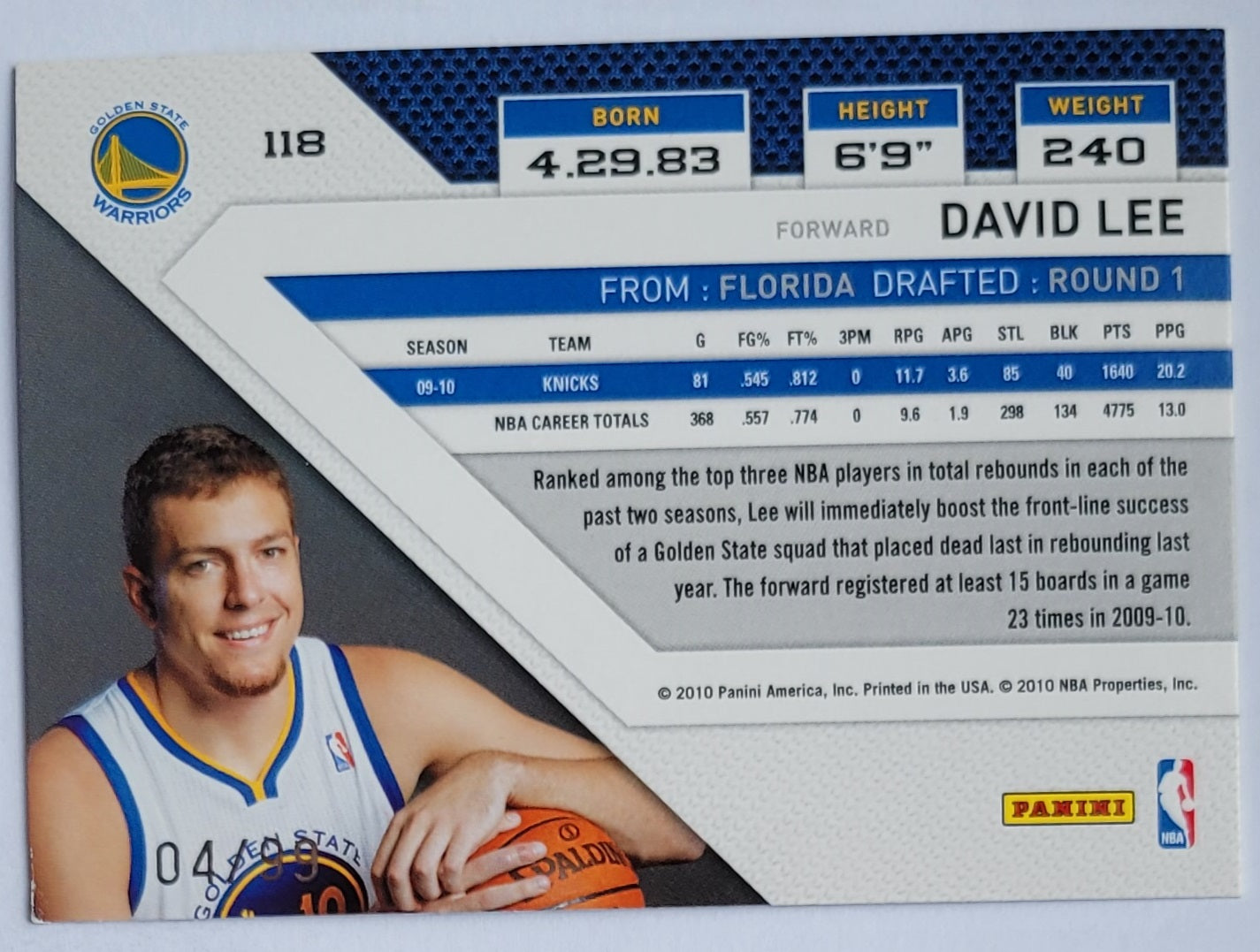 David Lee - 2010-11 Panini Threads Century Proof Gold #118 - 04/99