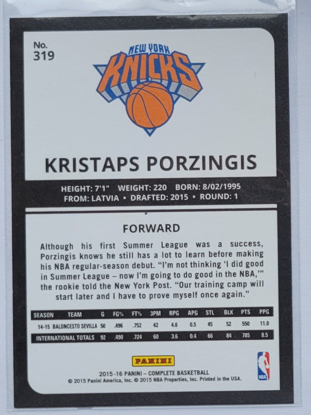 Kristaps Porzingis - 2015-16 Panini Complete #319 RC