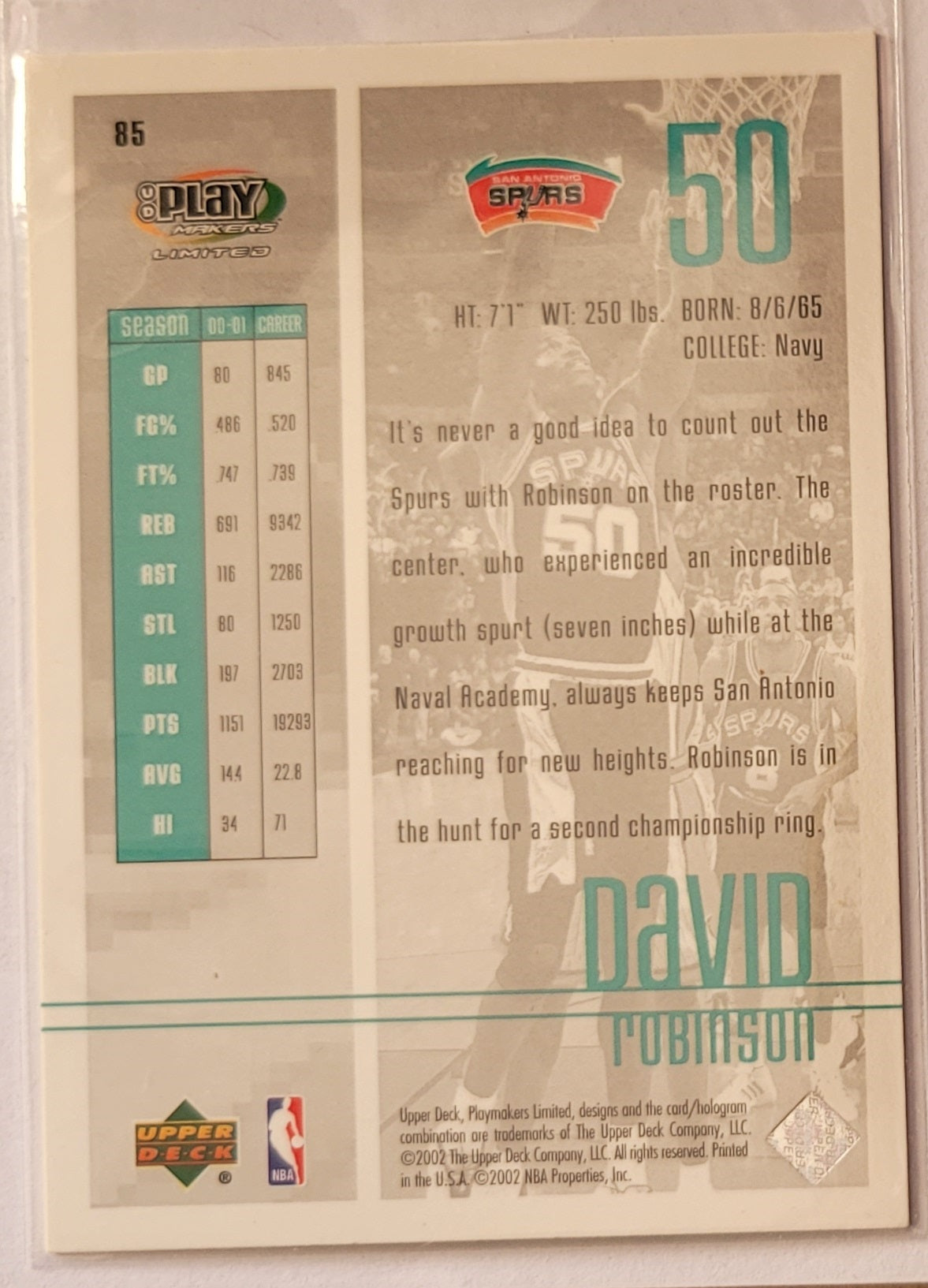 David Robinson - 2001-02 Upper Deck Playmakers #85