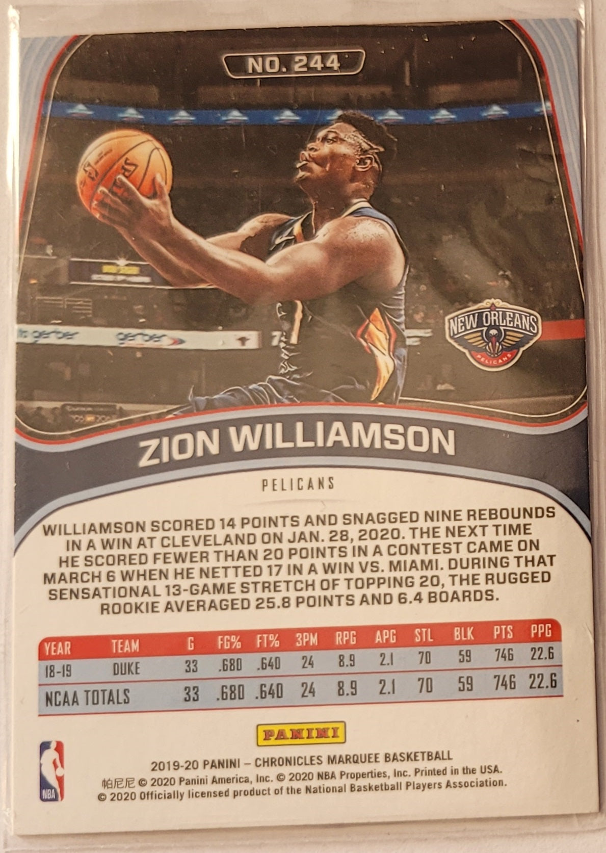 Zion Williamson - 2019-20 Panini Chronicles Bronze #244 Marquee RC