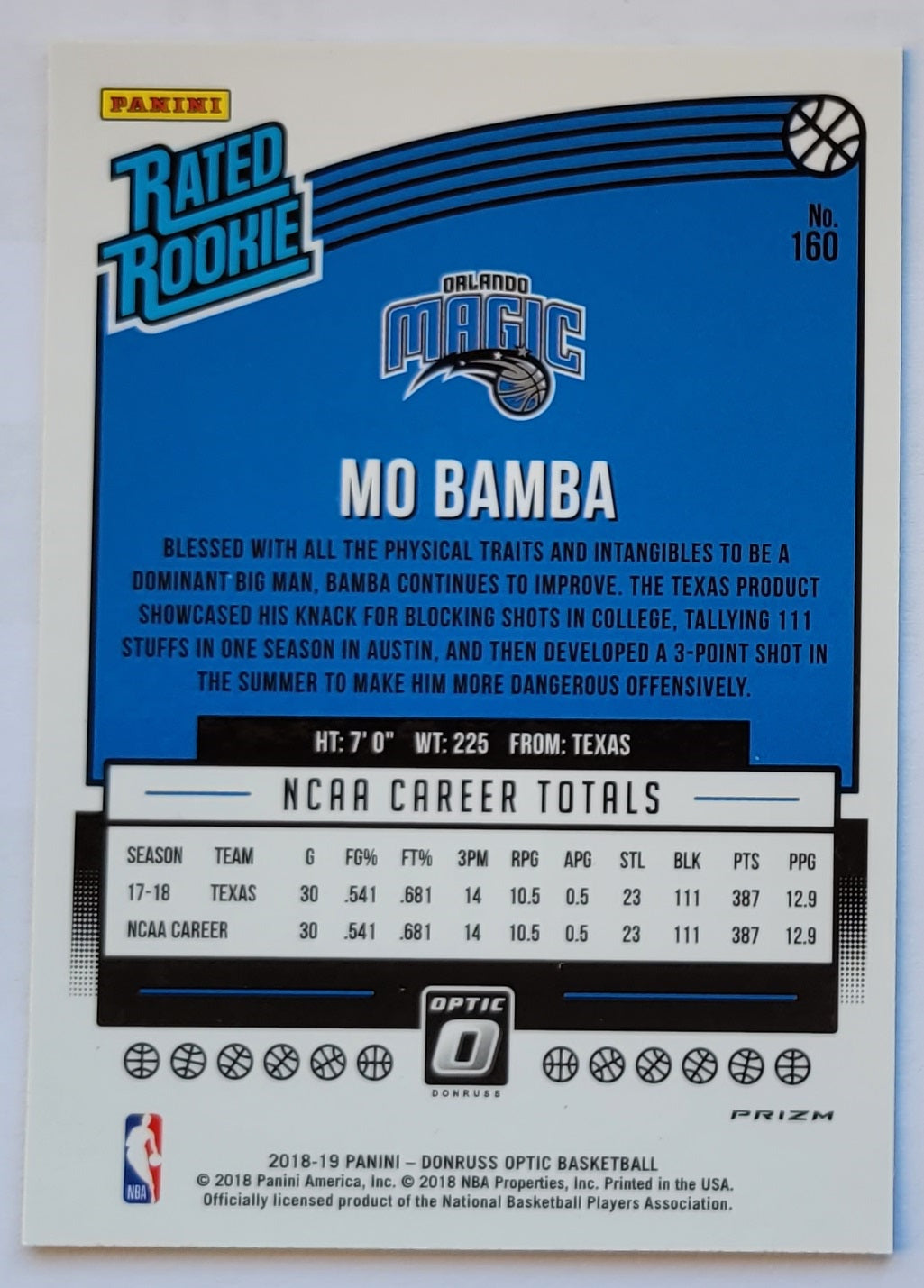 Mo Bamba - 2018-19 Donruss Optic Shock #160 RR RC