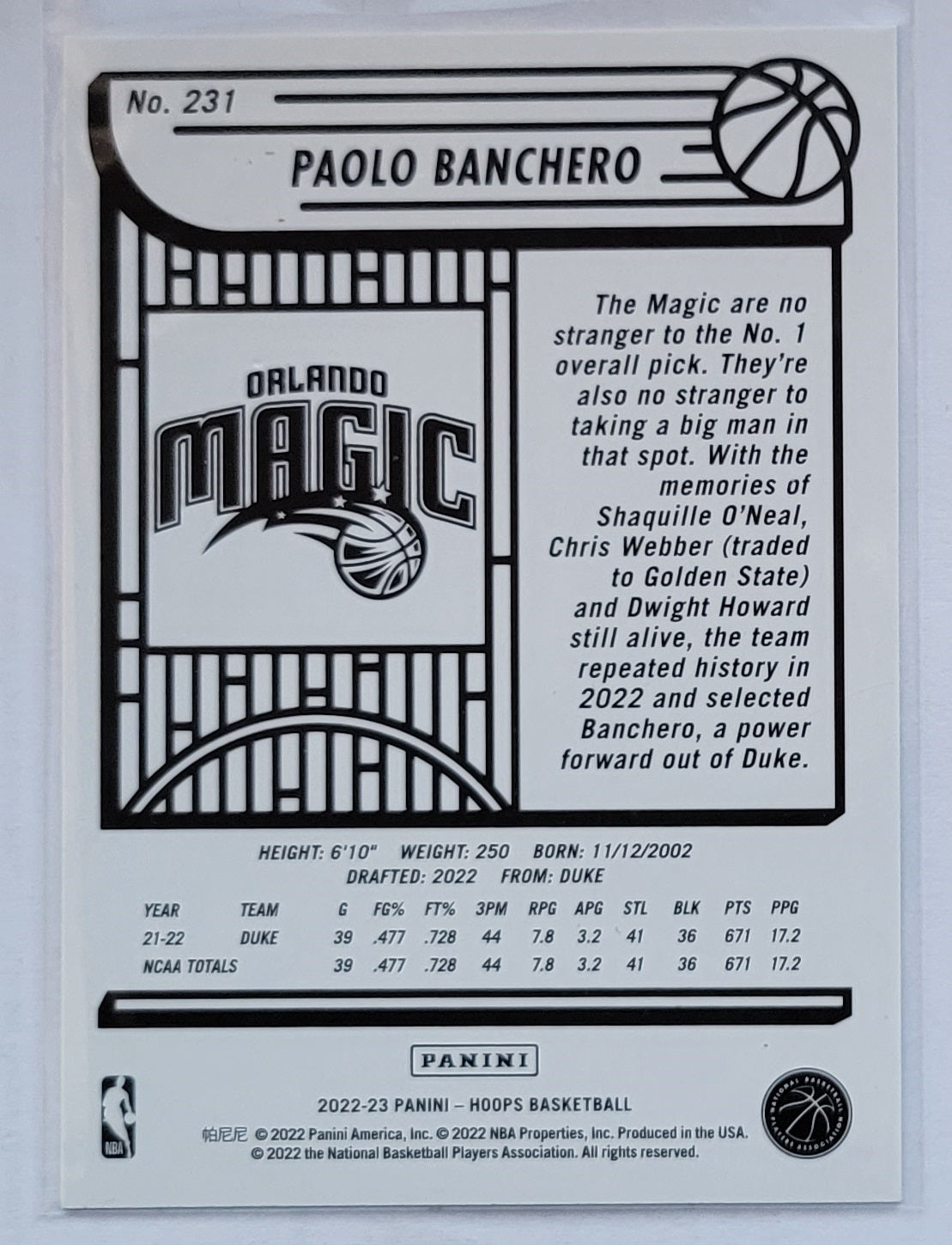 Paolo Banchero - 2022-23 Hoops #231 RC
