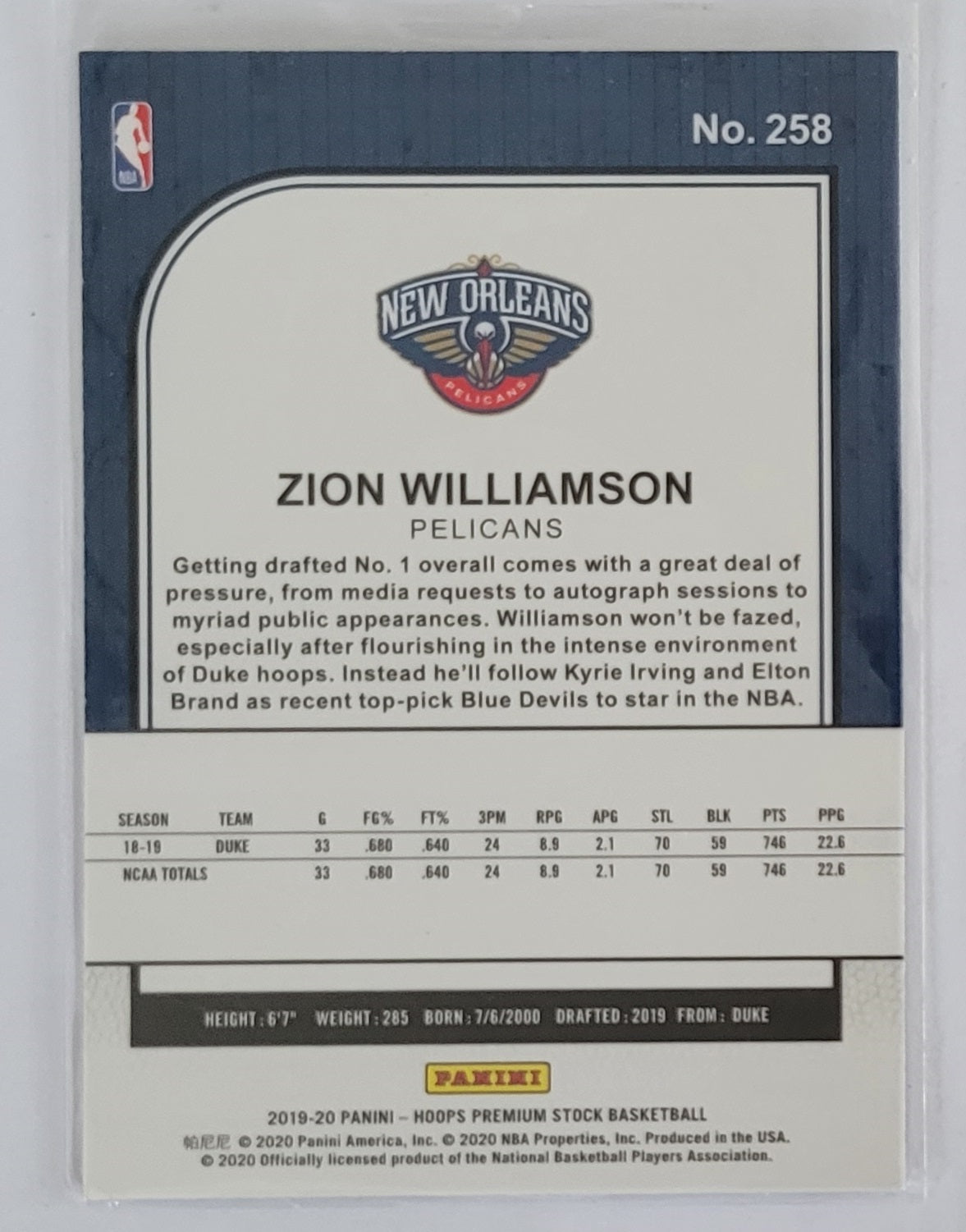 Zion Williamson - 2019-20 Hoops Premium Stock #258 RC