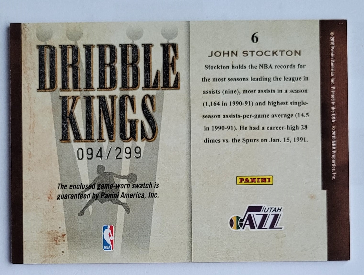 John Stockton - 2009-10 Court Kings Dribble Kings Materials #6 - 094/299
