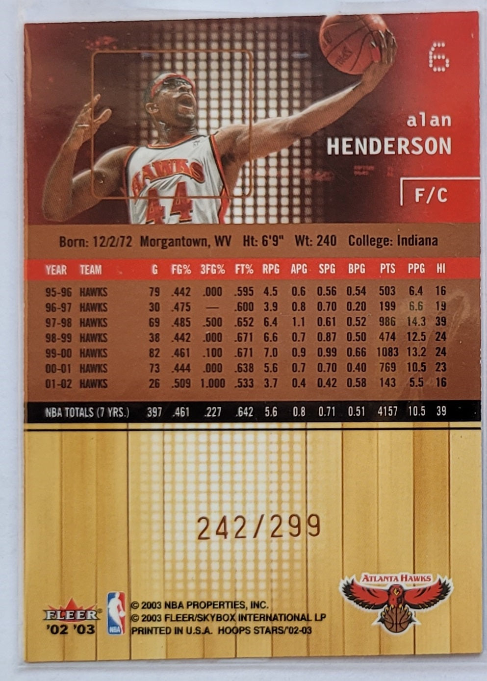 Alan Henderson - 2002-03 Hoops Stars Five-Star #6 - 242/299