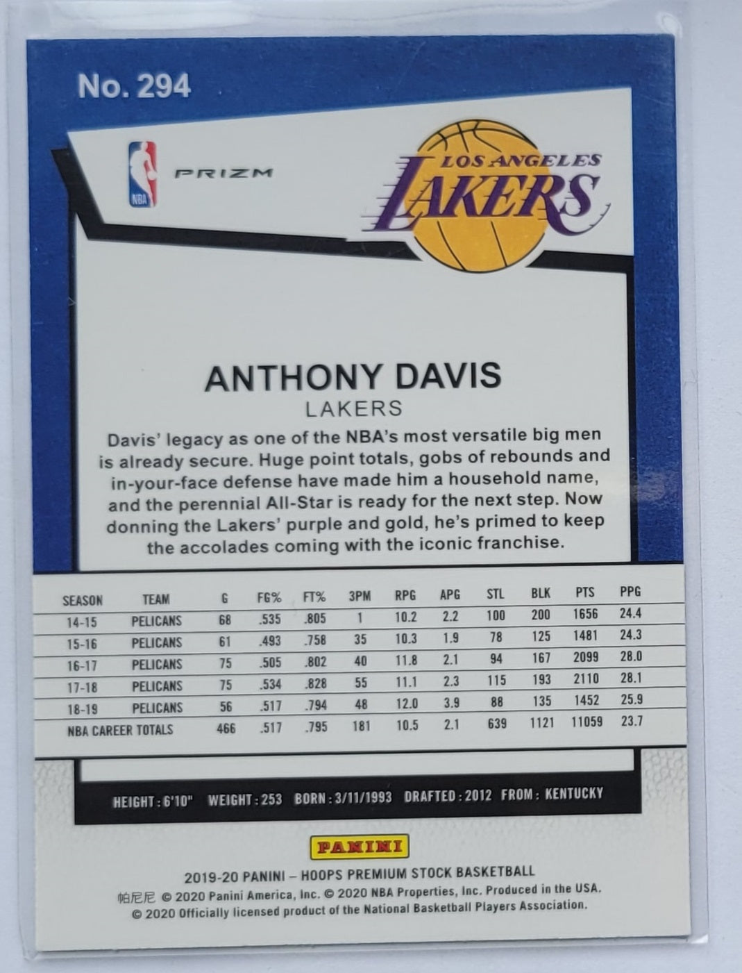 Anthony Davis - 2019-20 Hoops Premium Stock Prizms Silver Laser #294