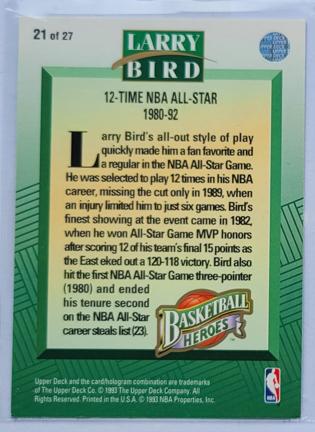 Larry Bird - 1992-93 Upper Deck Larry Bird Heroes #21 1980-92 12-Time All-Star