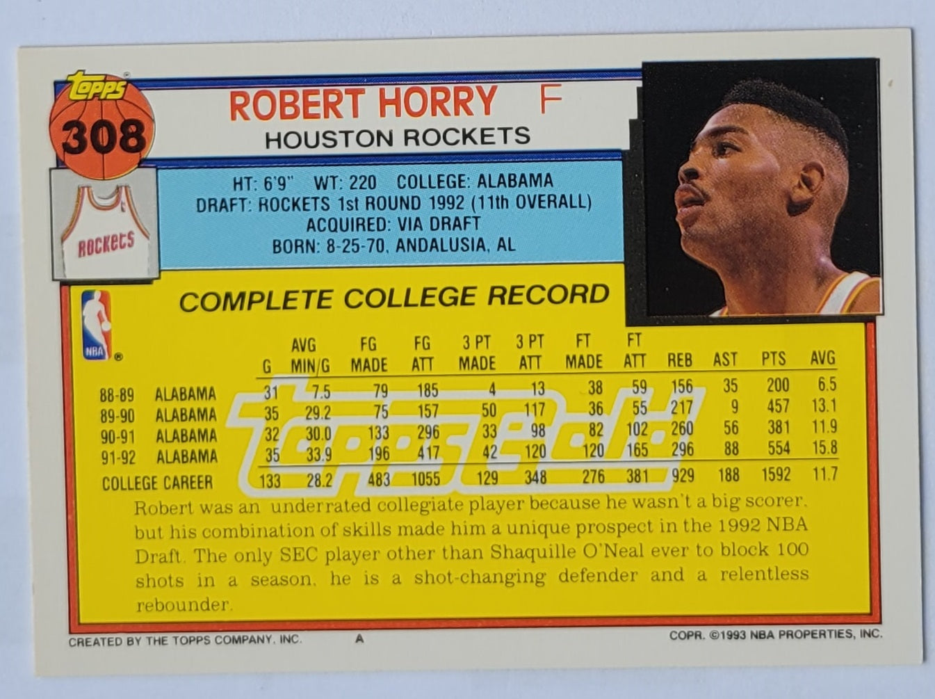 Robert Horry - 1992-93 Topps Gold #308 RC