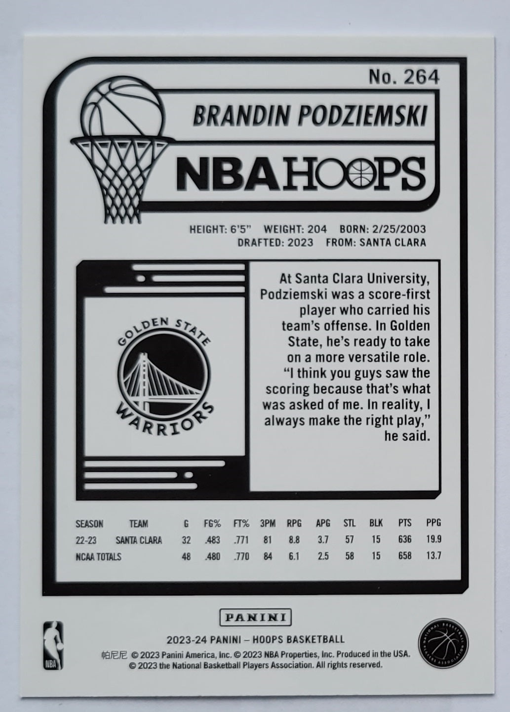 Brandin Podziemski - 2023-24 Hoops #264 RC
