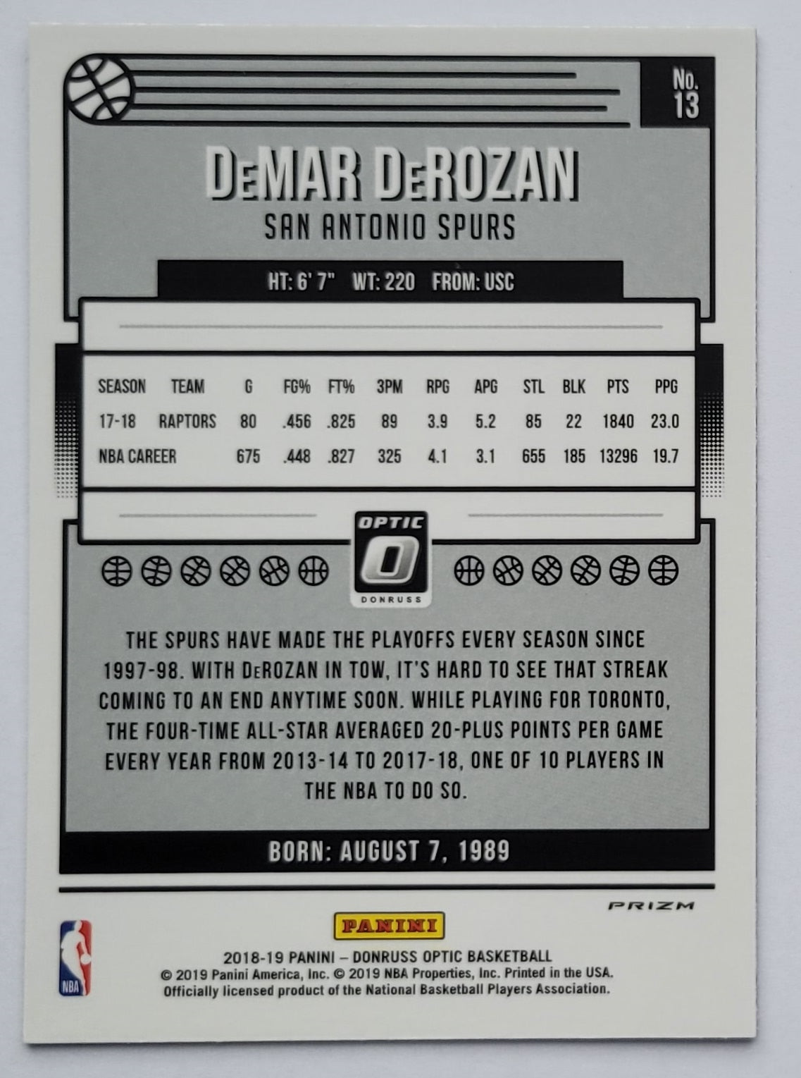 DeMar DeRozan - 2018-19 Donruss Optic Purple #13
