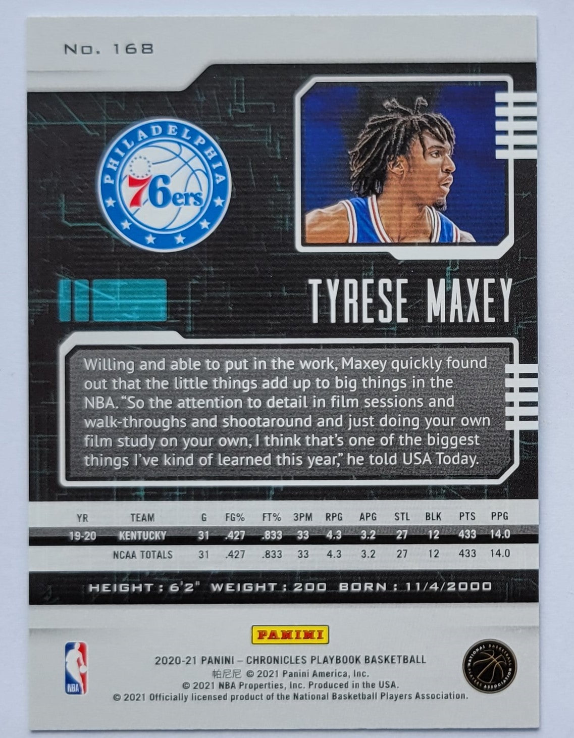 Tyrese Maxey - 2020-21 Panini Chronicles #168 Playbook RC