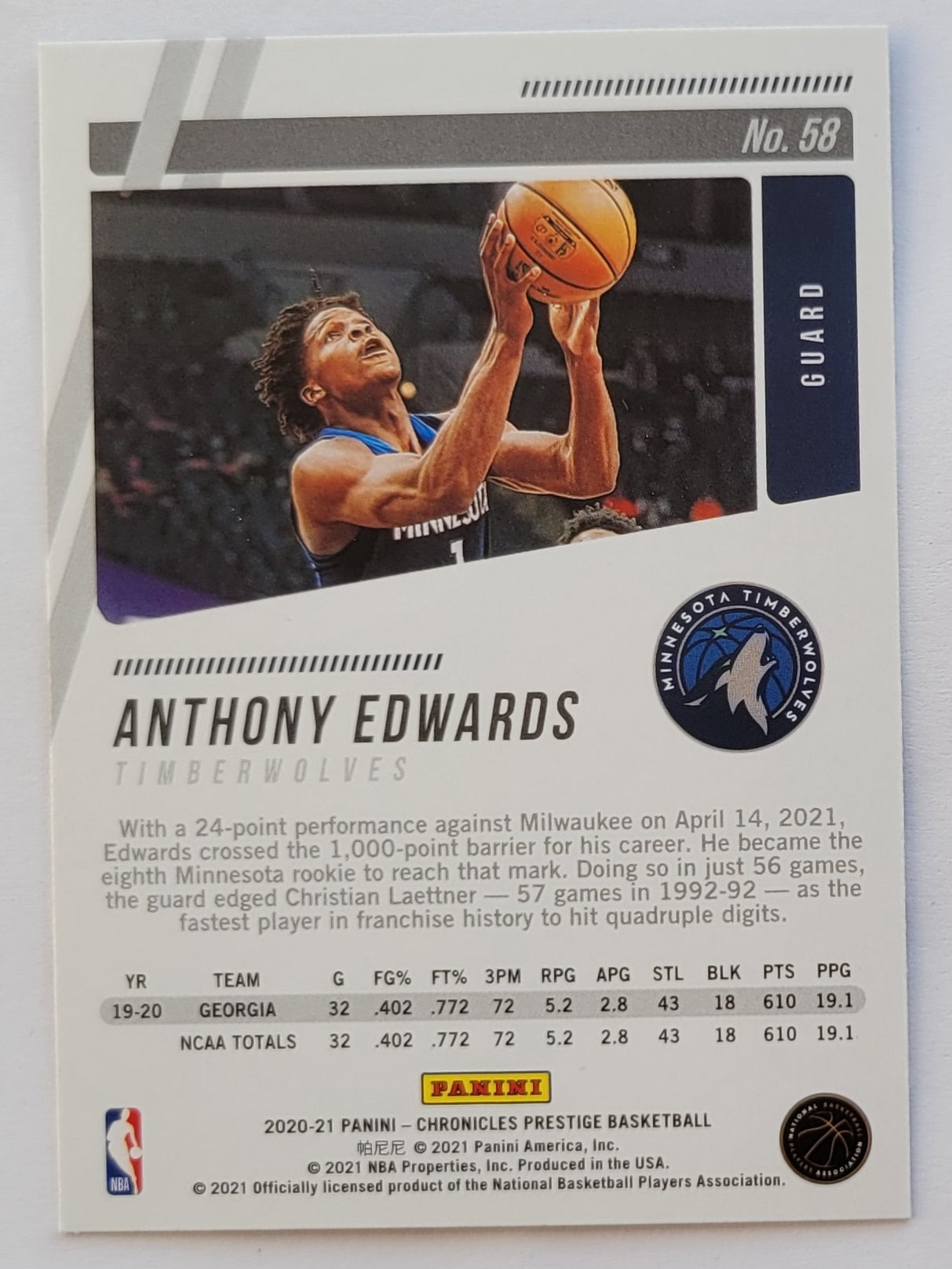 Anthony Edwards - 2020-21 Panini Chronicles #58 RC Prestige