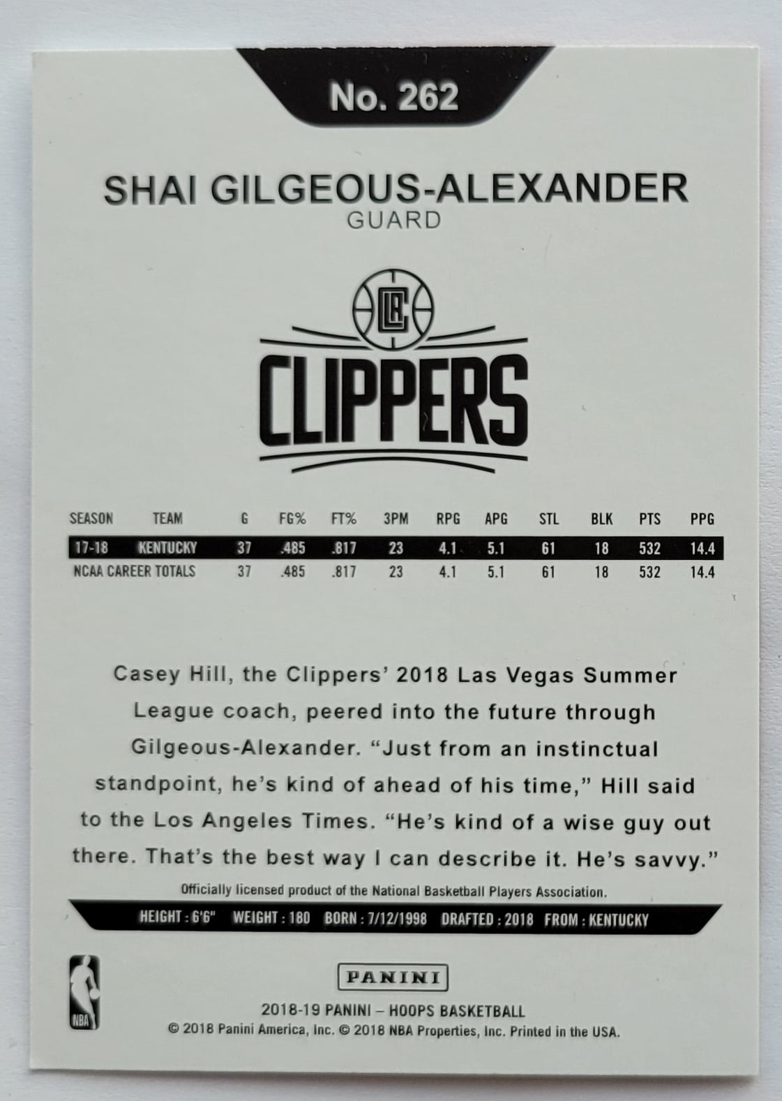 Shai Gilgeous-Alexander - 2018-19 Hoops #262 RC