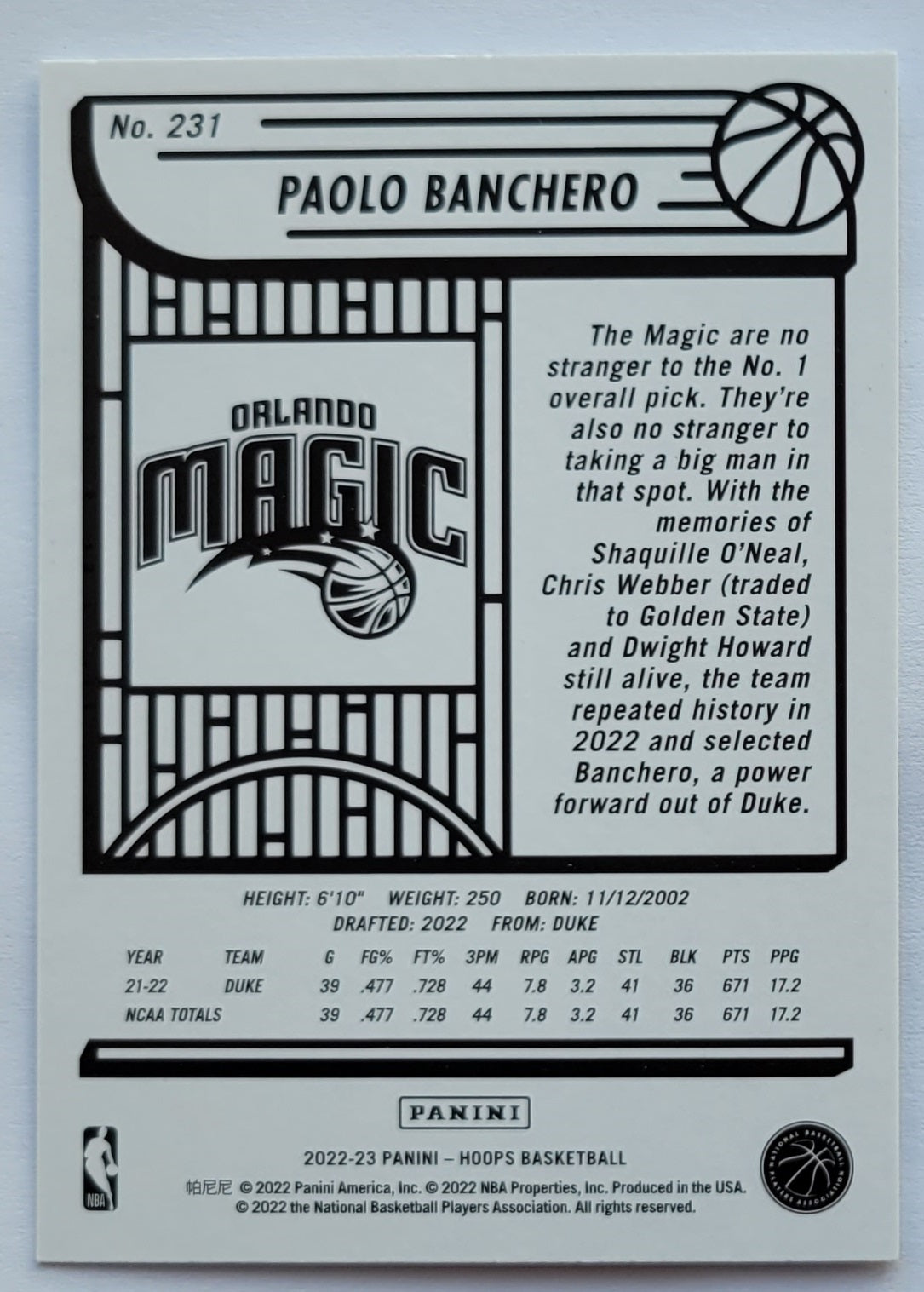 Paolo Banchero - 2022-23 Hoops Winter #231 RC