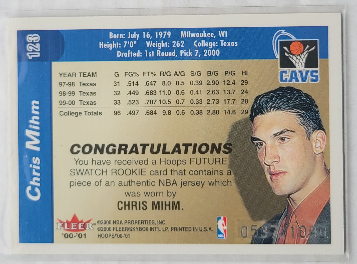 Chris Mihm - 2000-01 Hoops Hot Prospects #123 JSY RC - 0537/1000