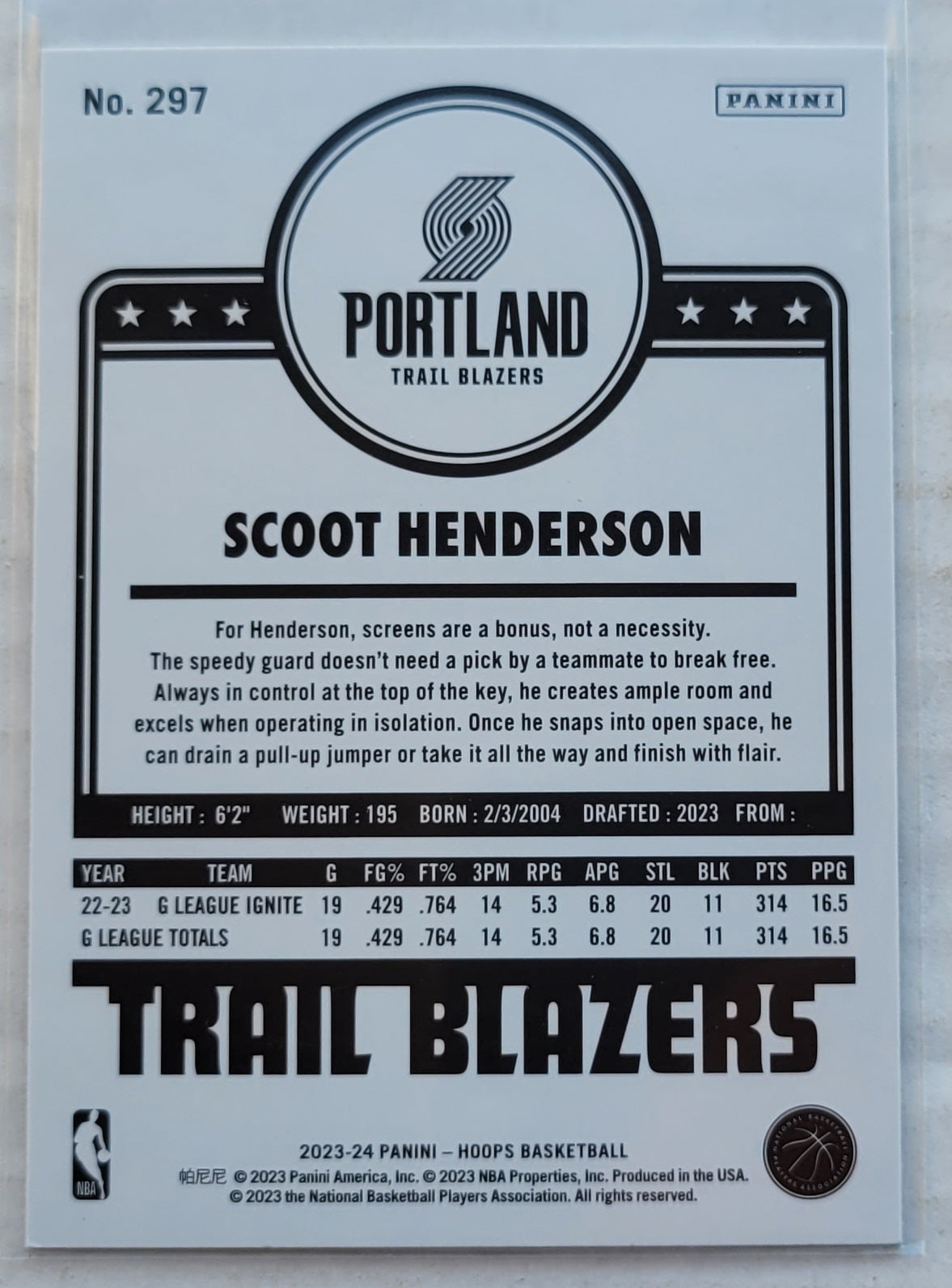 Scoot Henderson - 2023-24 Hoops #297 RC