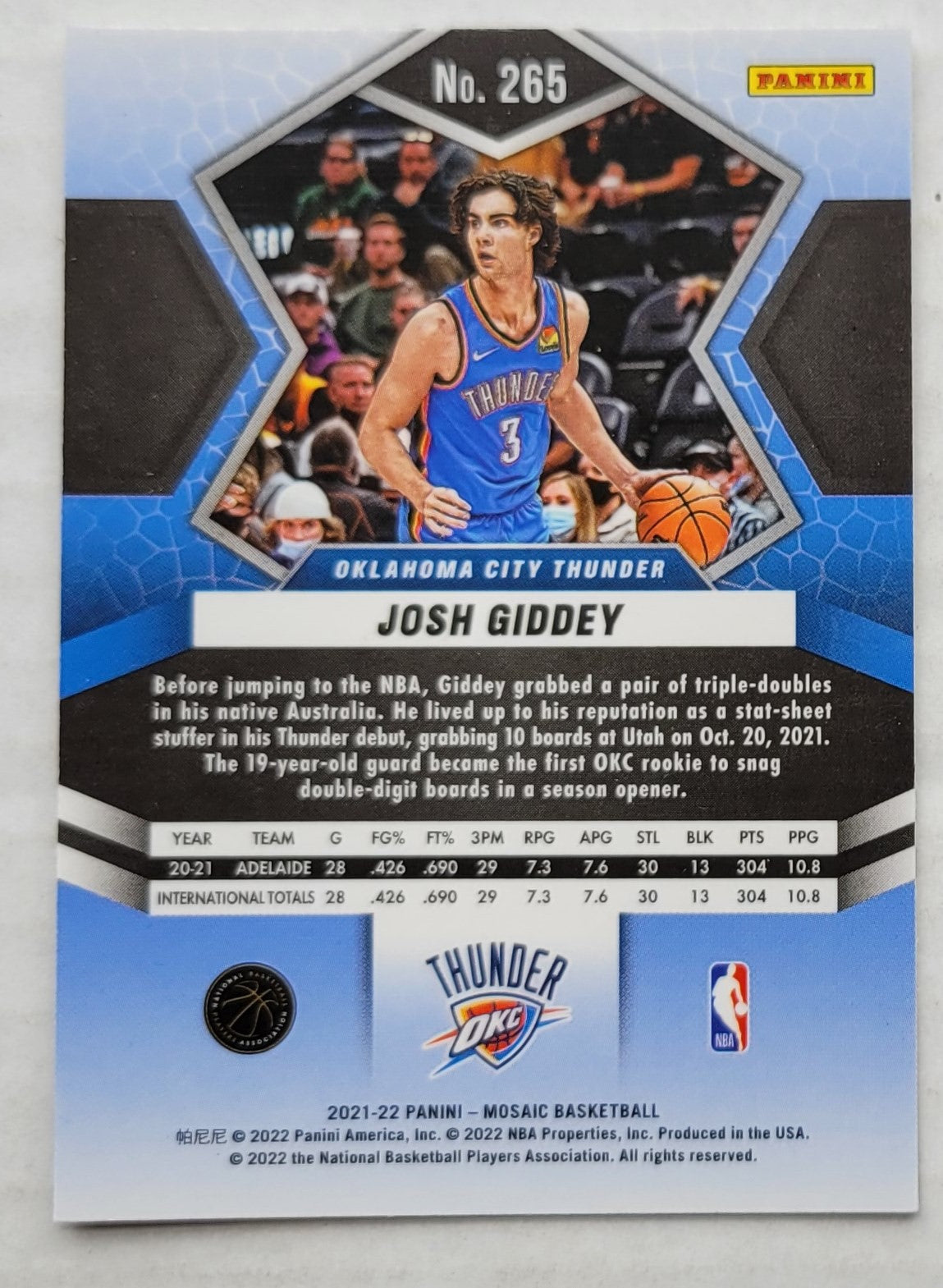 Josh Giddey - 2021-22 Panini Mosaic #265 DEB RC