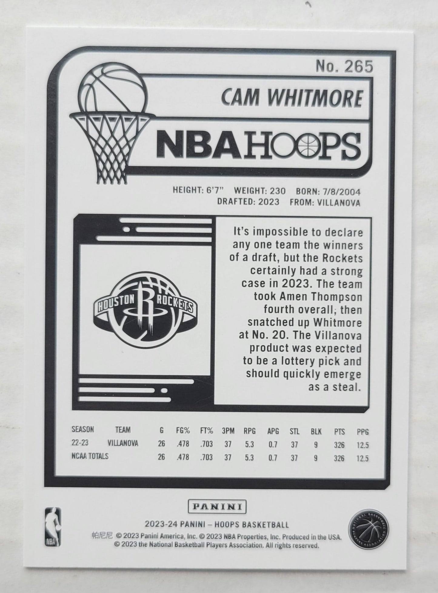 Cam Whitmore - 2023-24 Hoops #265 RC