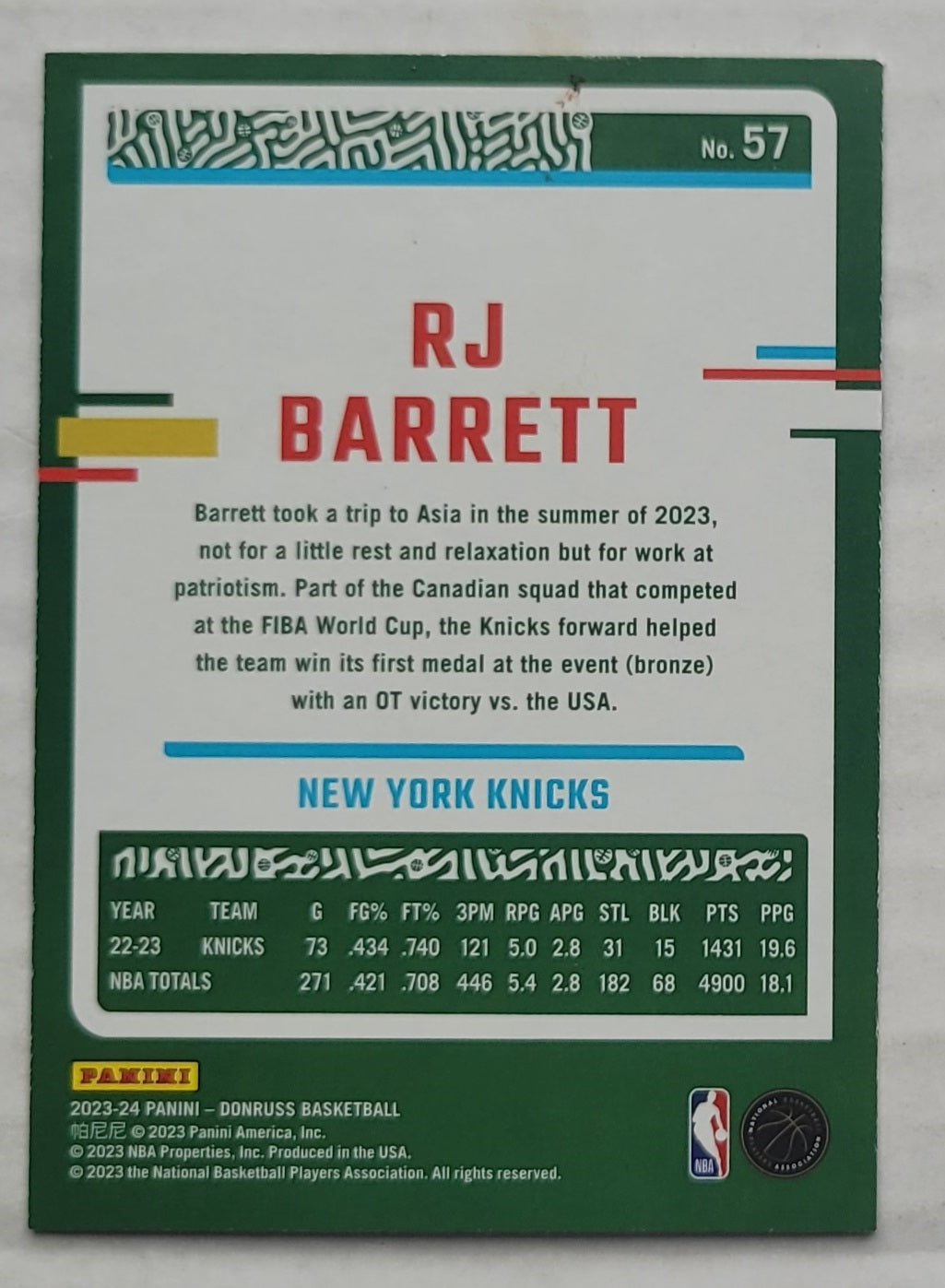RJ Barrett - 2023-24 Donruss Holo Green Laser #57