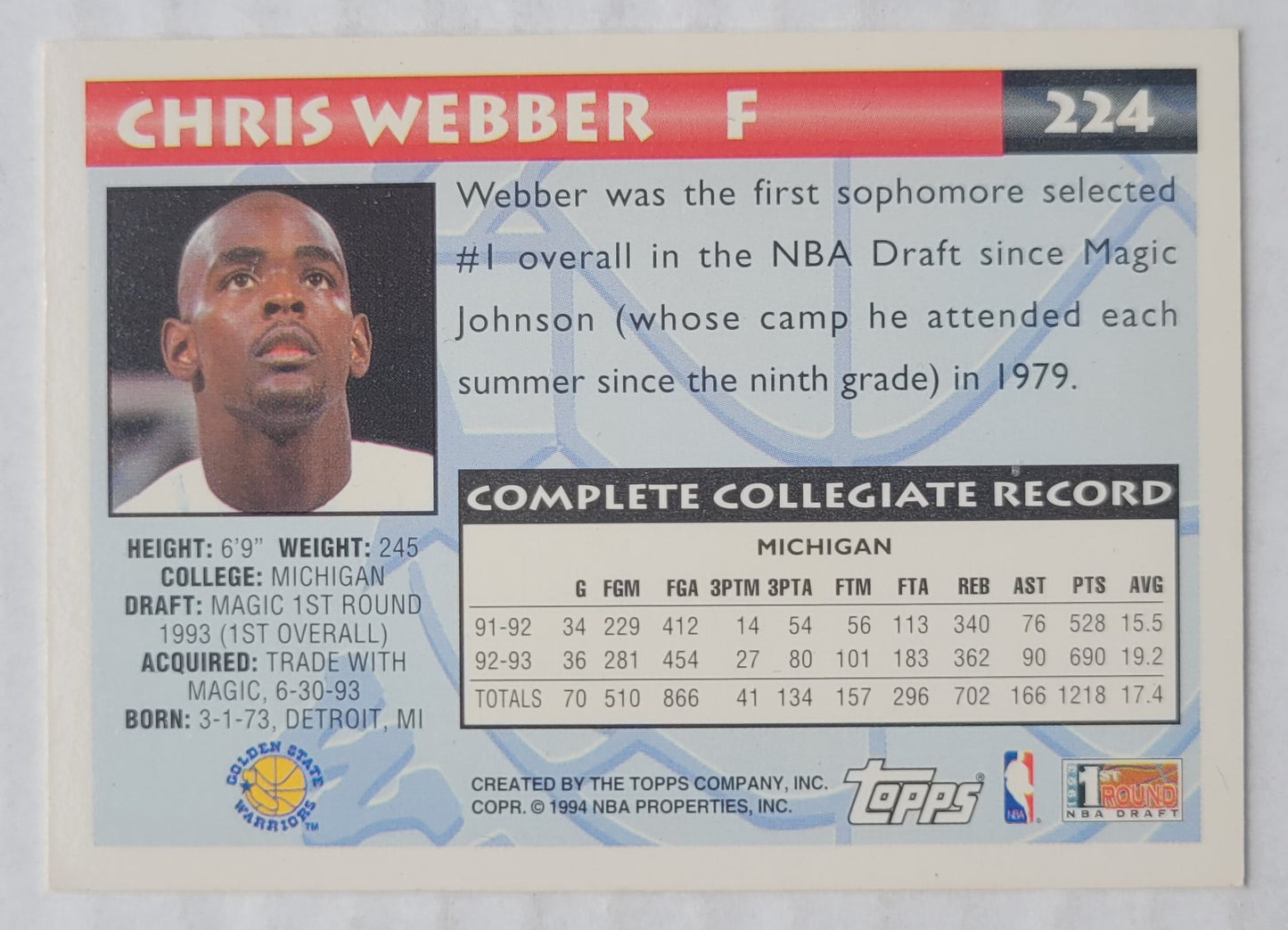 Chris Webber - 1993-94 Topps #224 RC