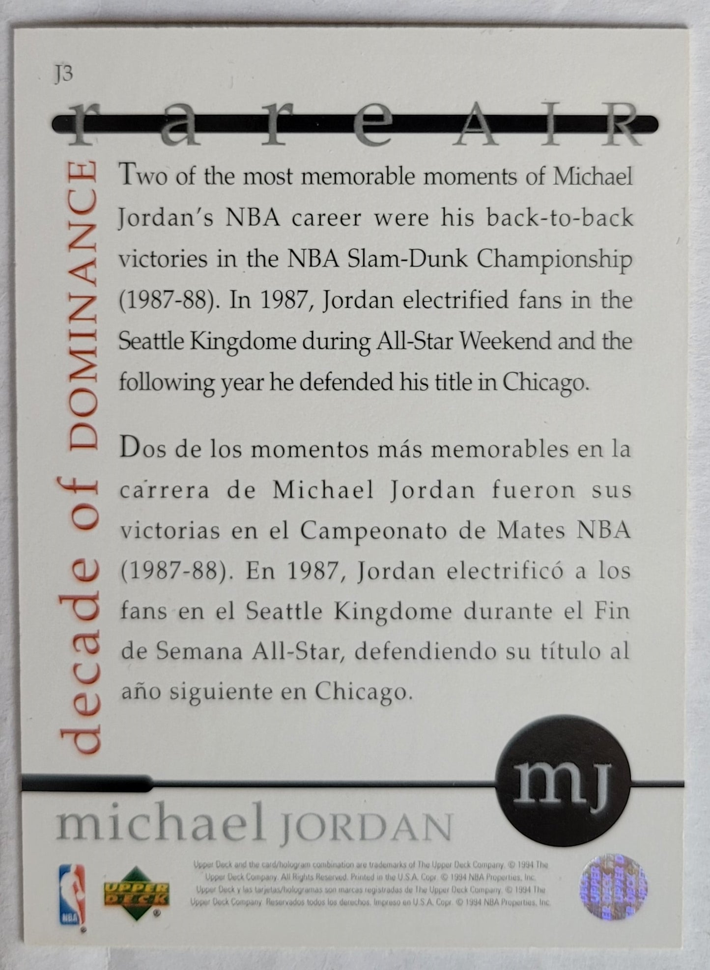 Michael Jordan - 1994-95 Collector's Choice International Spanish Decade of Dominance #J3 '87 Slam-Dunk Champion