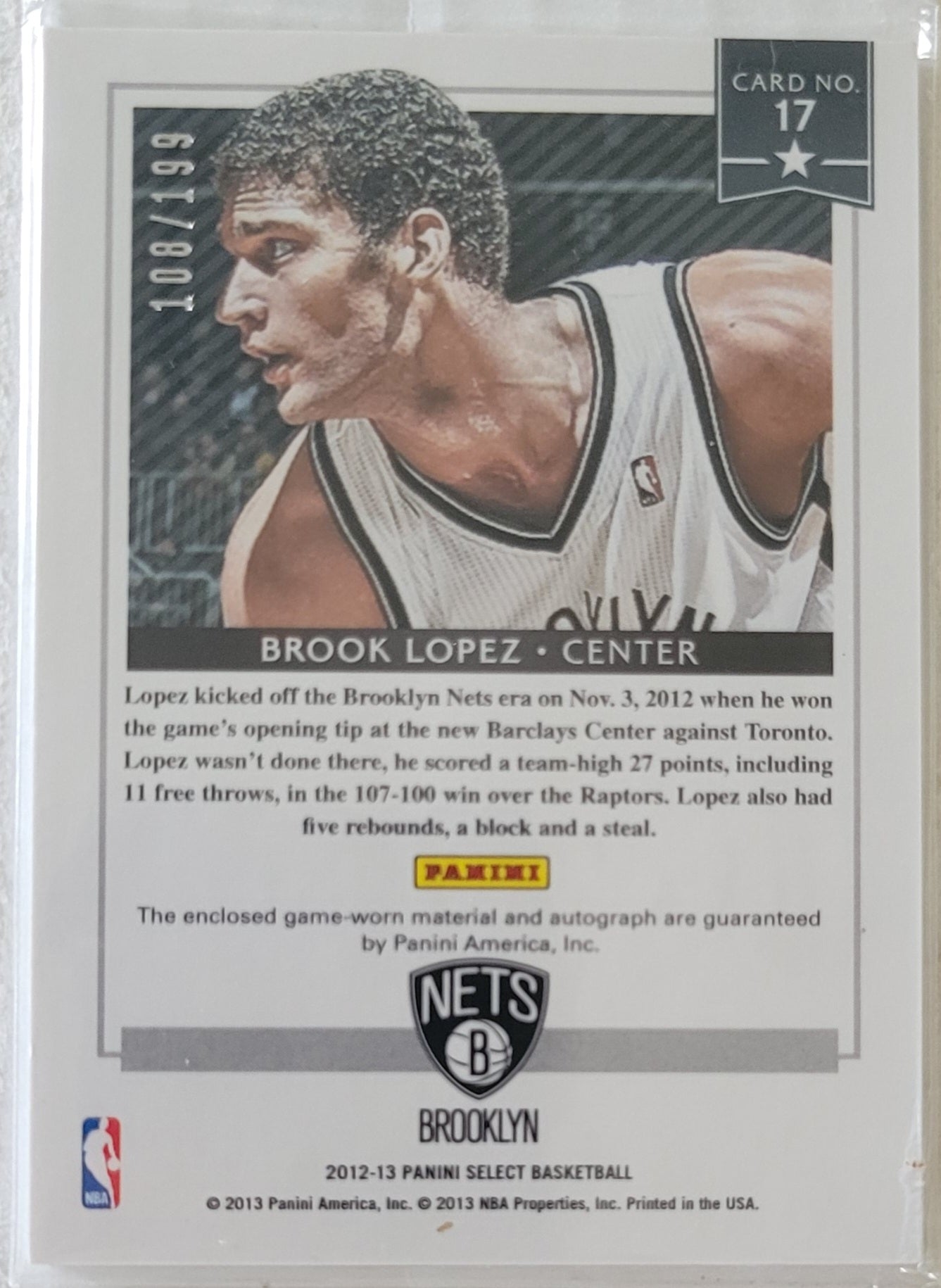 Brook Lopez - 2012-13 Select Select Stars Jersey Autographs #17 - 108/199