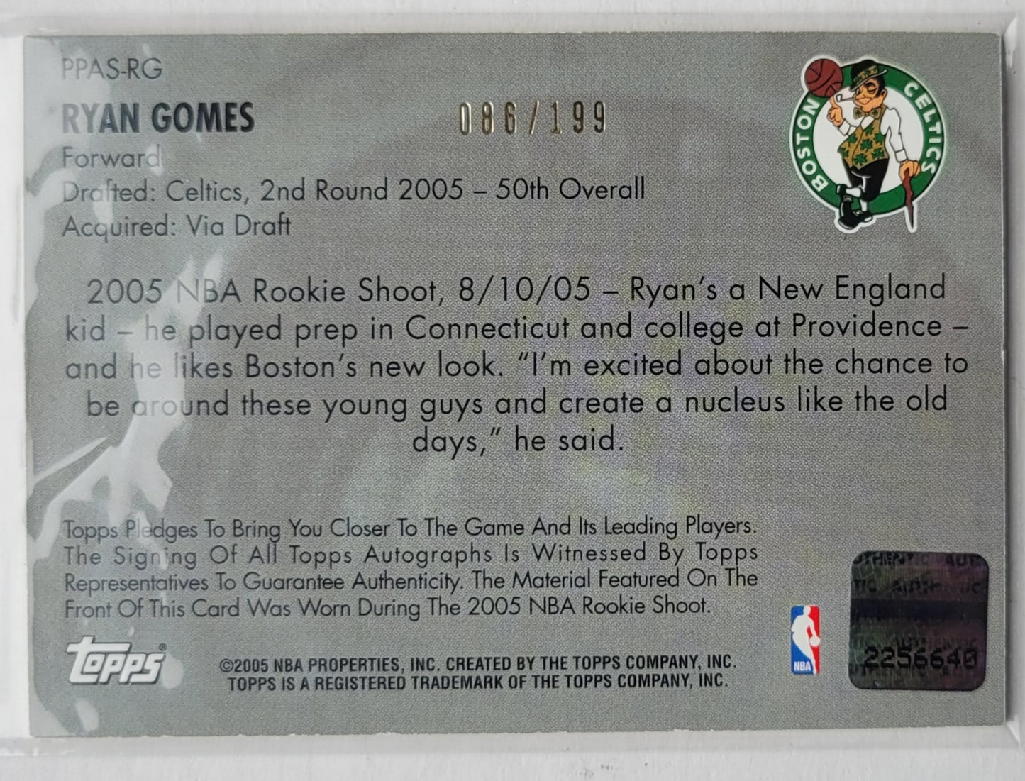 Ryan Gomes - 2005-06 Topps Big Game Picture Perfect Relics Autographs #RG JSY - 086/199