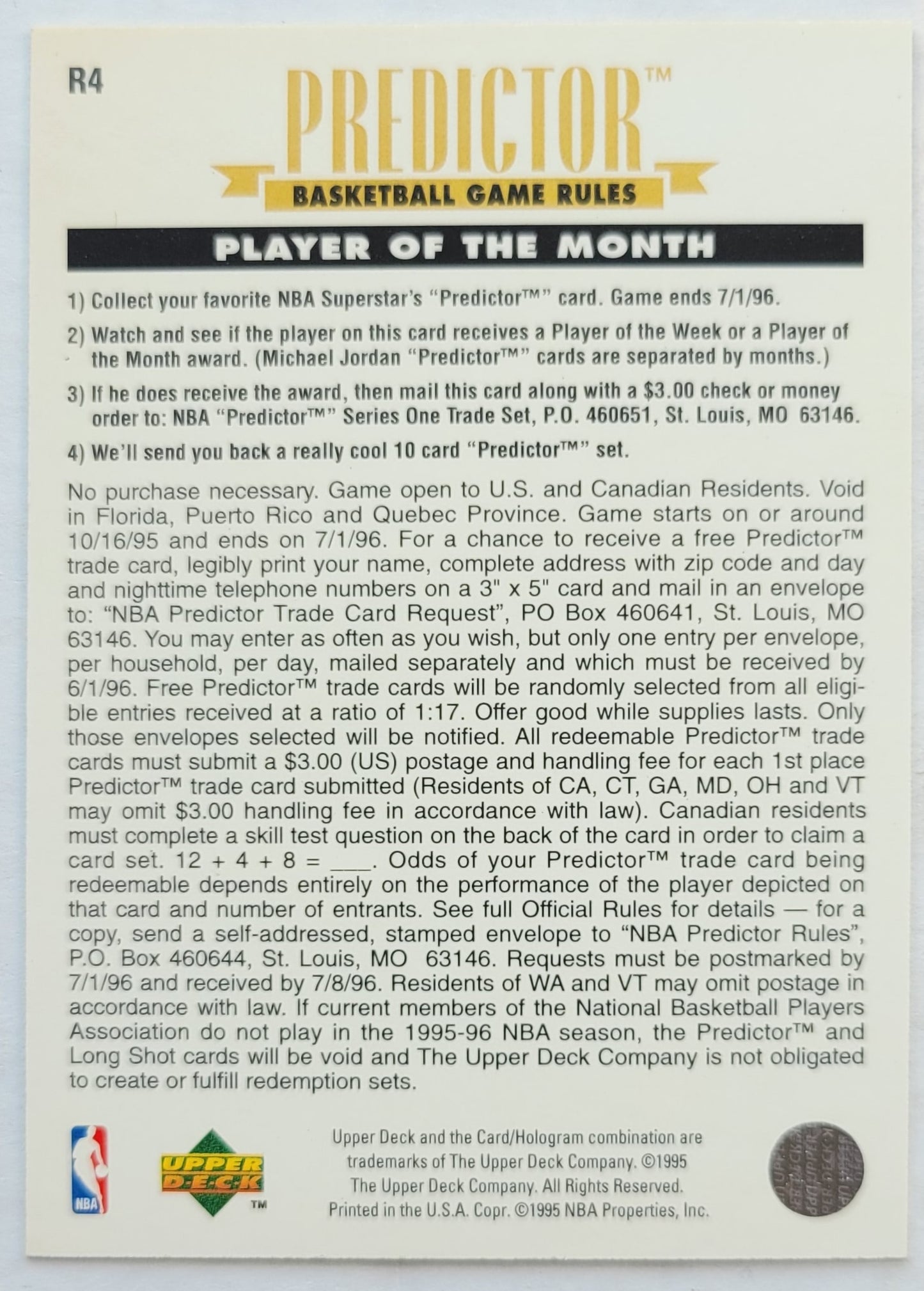 Michael Jordan - 1995-96 Upper Deck Predictor Player of the Month Redemption #R4 Mar.