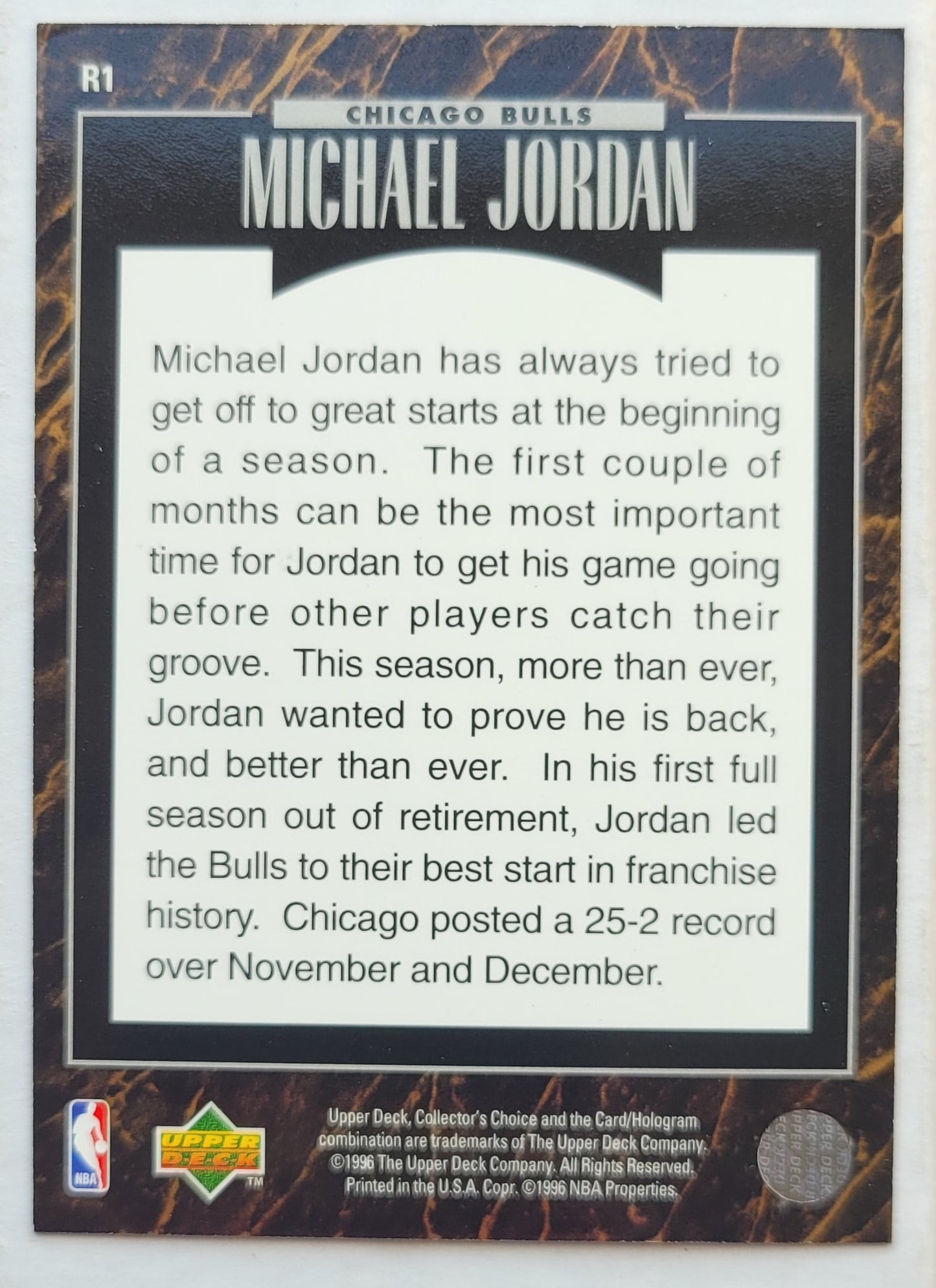 Michael Jordan - 1995-96 Upper Deck Predictor Player of the Month #R1 Nov./Dec. L