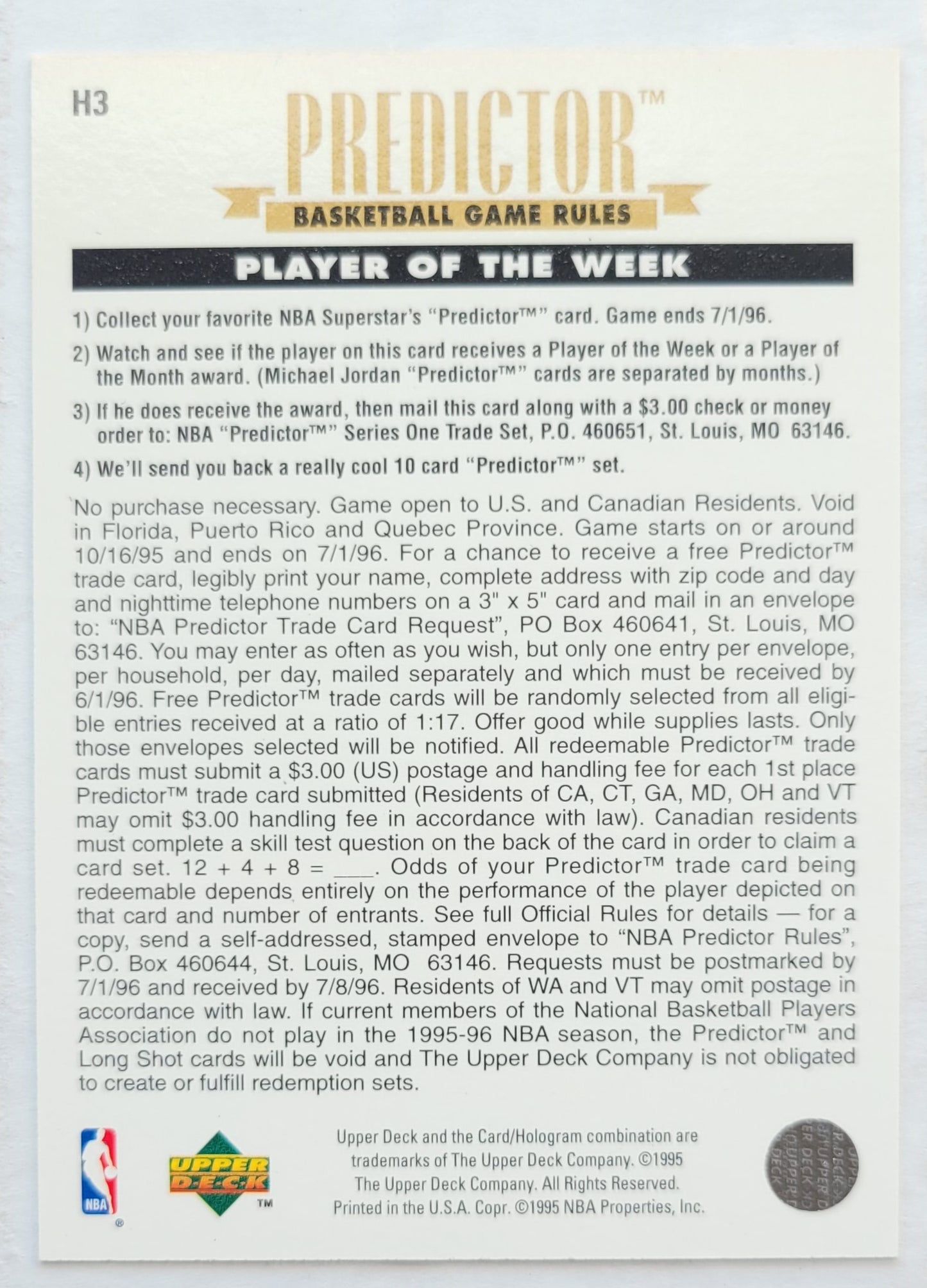 Michael Jordan - 1995-96 Upper Deck Predictor Player of the Week Redemption #H3 Feb.