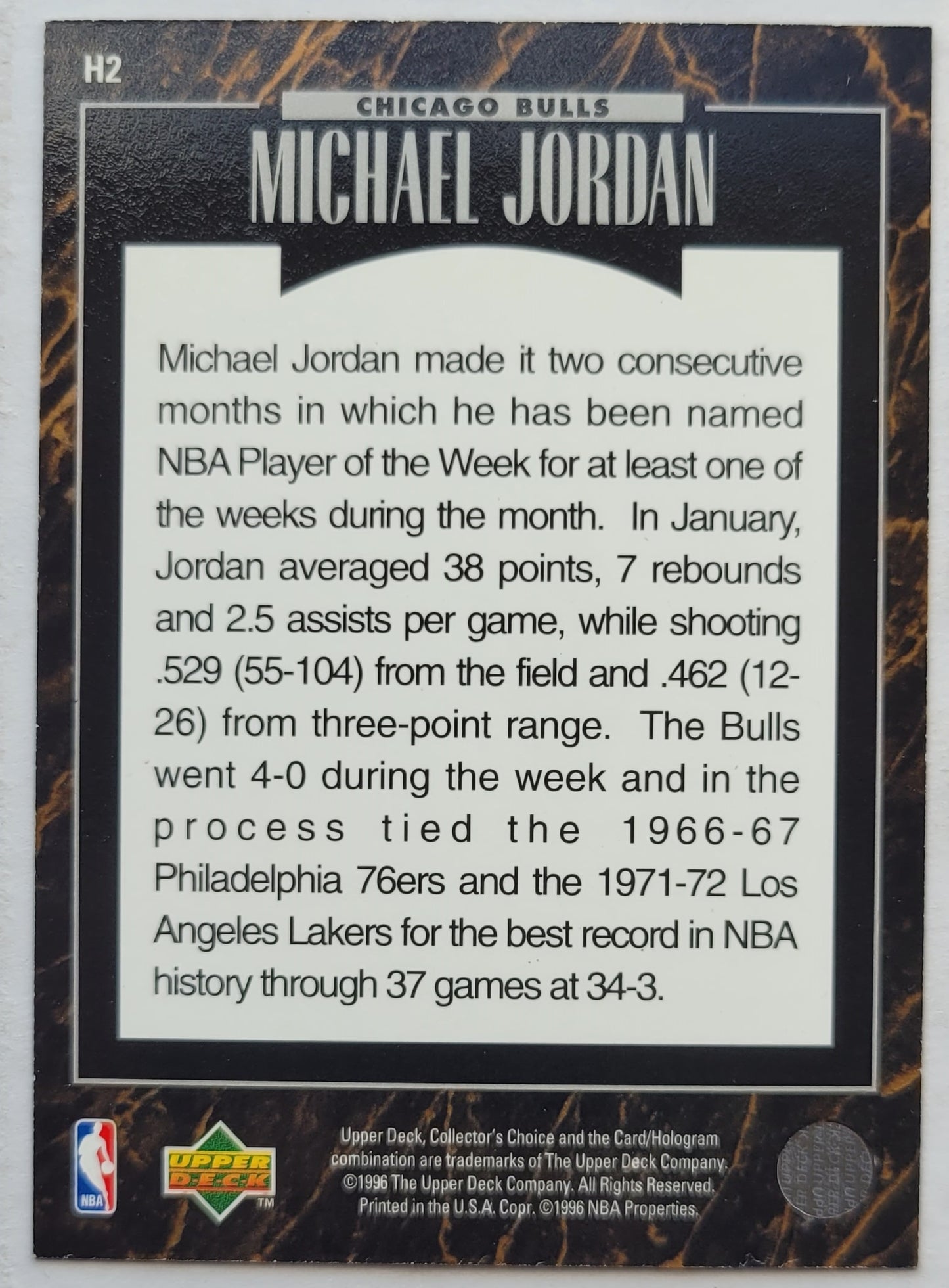 Michael Jordan - 1995-96 Upper Deck Predictor Player of the Week #H2 Jan. W