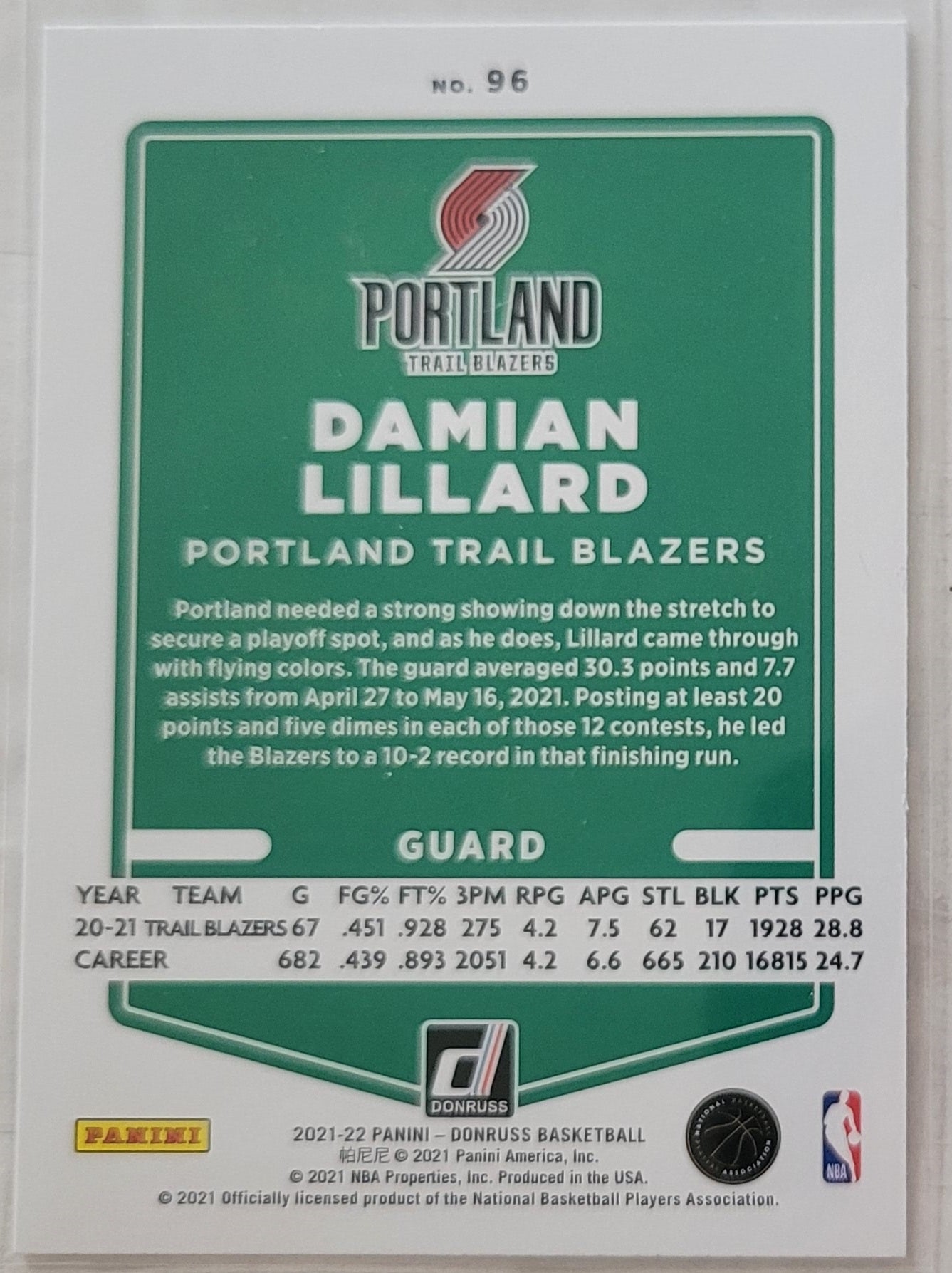 Damian Lillard - 2021-22 Donruss Press Proof Silver #96