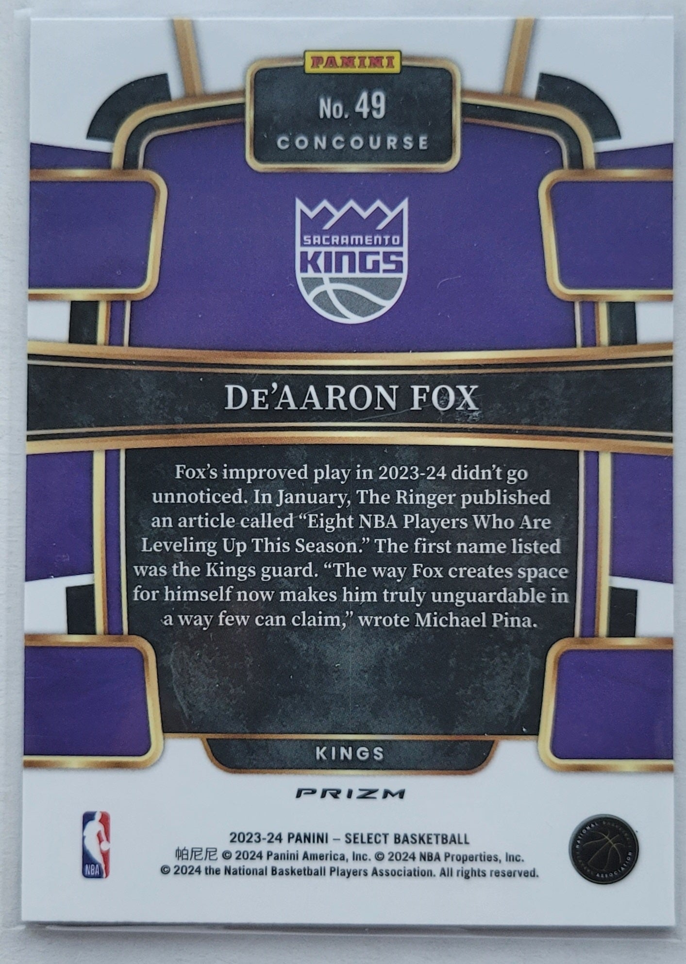 De'Aaron Fox - 2023-24 Select Prizms Blue Cracked Ice #49