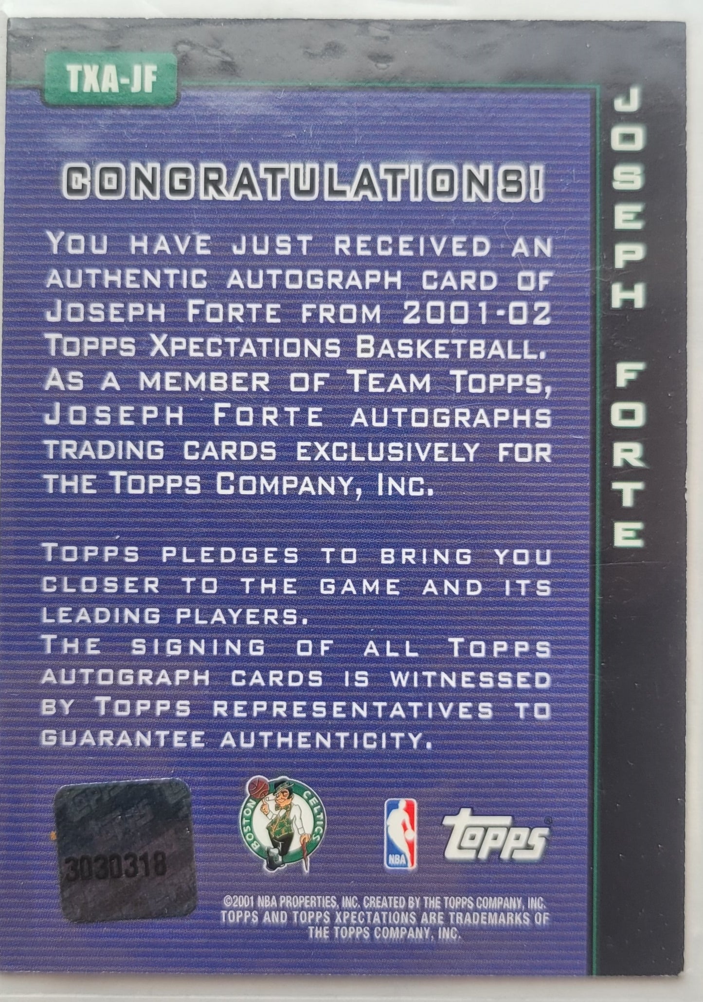 Joseph Forte - 2001-02 Topps Xpectations Autographs #TXAJF