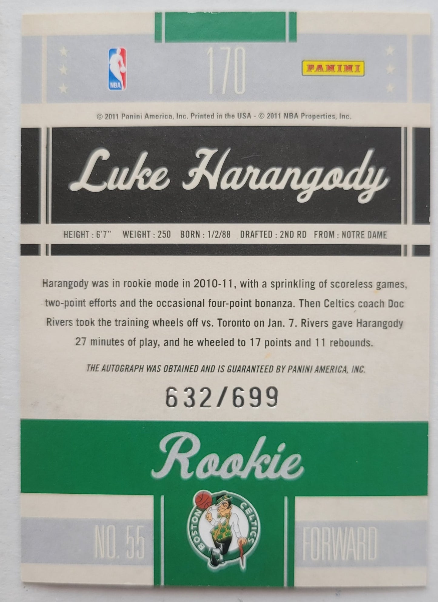 Luke Harangody - 2010-11 Classics #170 - 632/699 AU RC