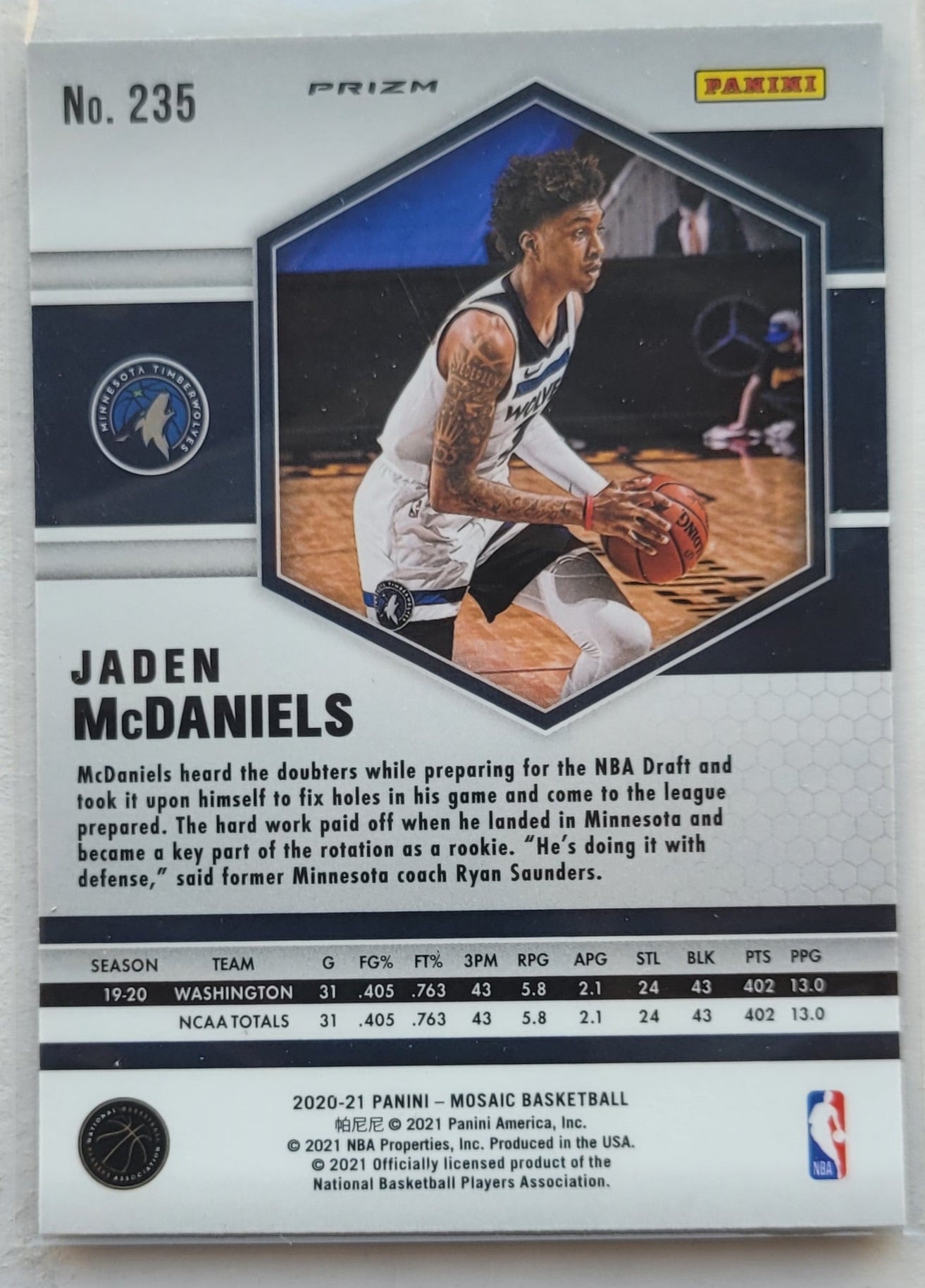 Jaden McDaniels - 2020-21 Panini Mosaic Mosaic Reactive Blue #235 RC