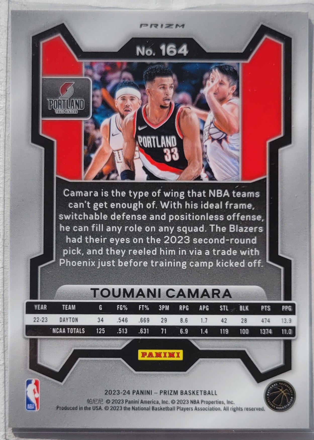 Toumani Camara - 2023-24 Panini Prizm Prizms Green #164 RC