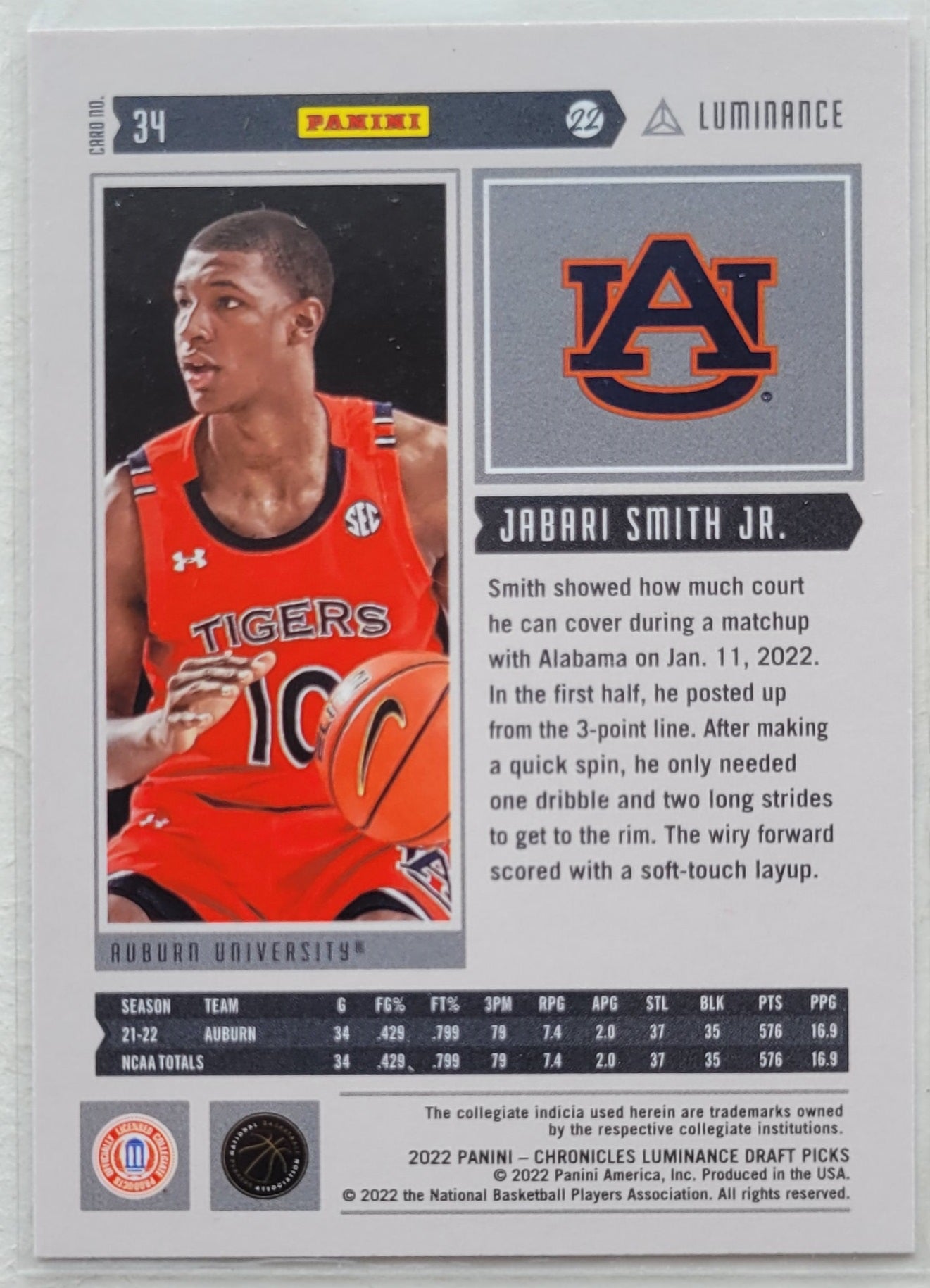 Jabari Smith Jr. - 2022-23 Panini Chronicles Draft Picks Luminance #34 RC