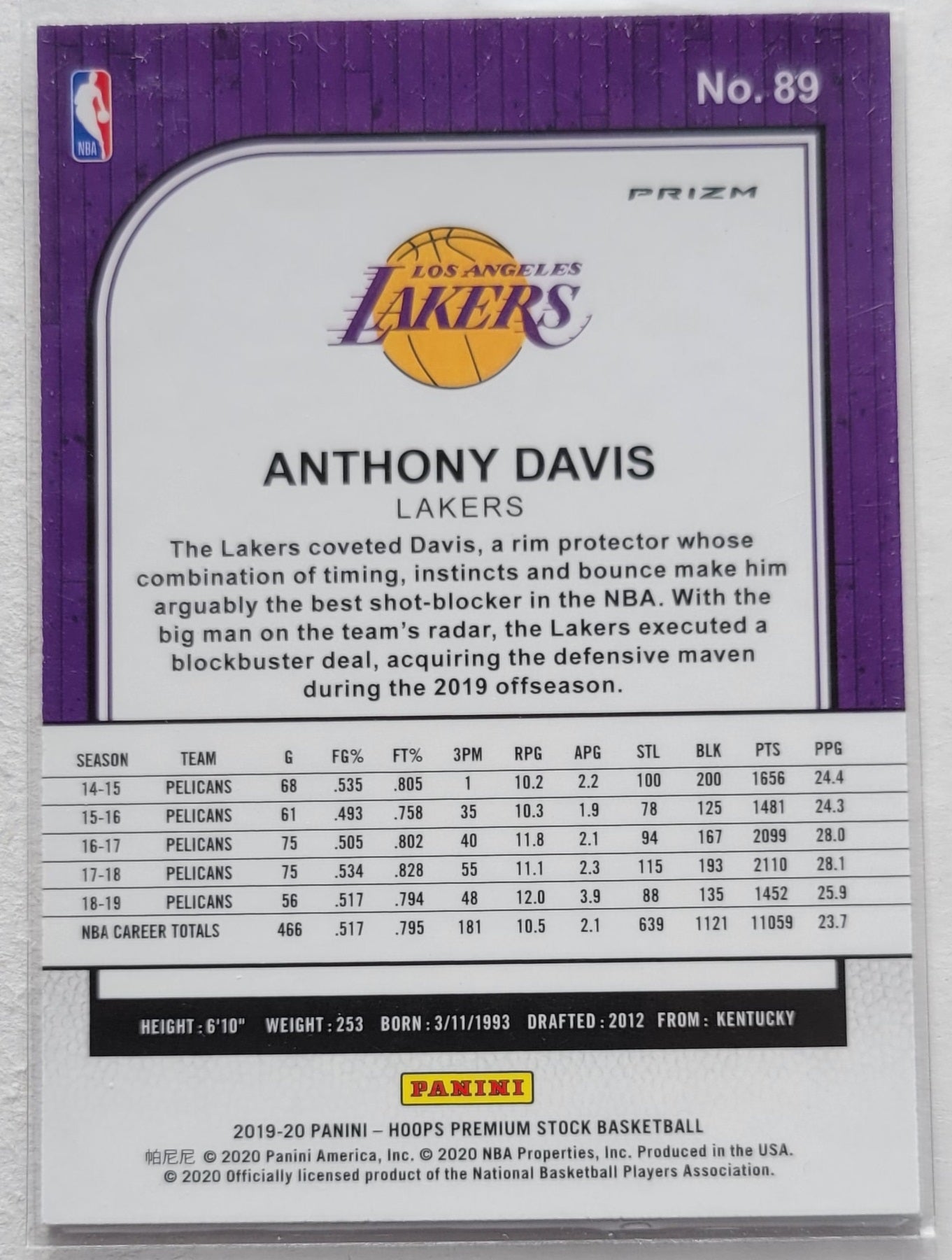 Anthony Davis - 2019-20 Hoops Premium Stock Prizms Silver Laser #89