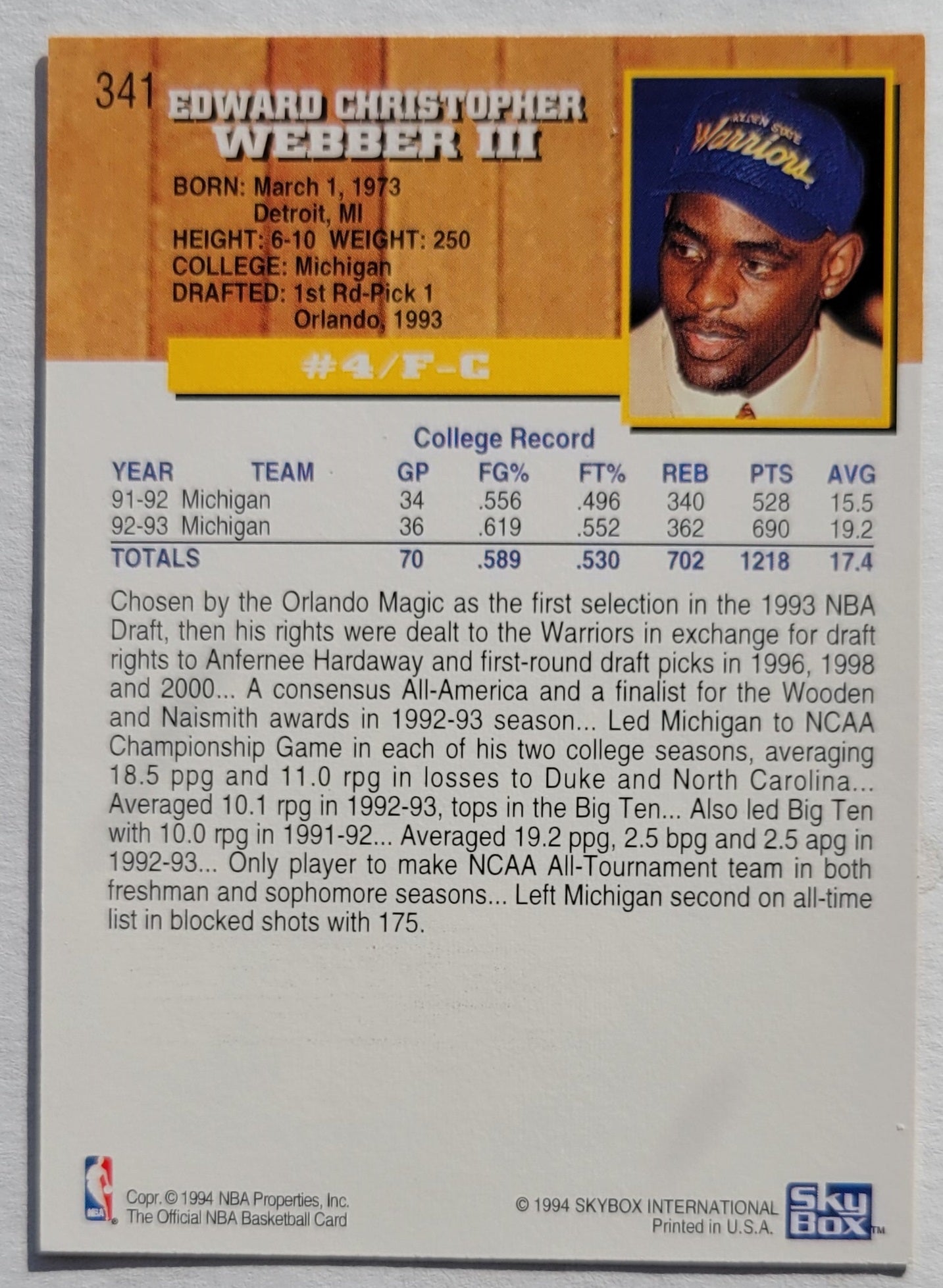 Chris Webber - 1993-94 Hoops #341 RC