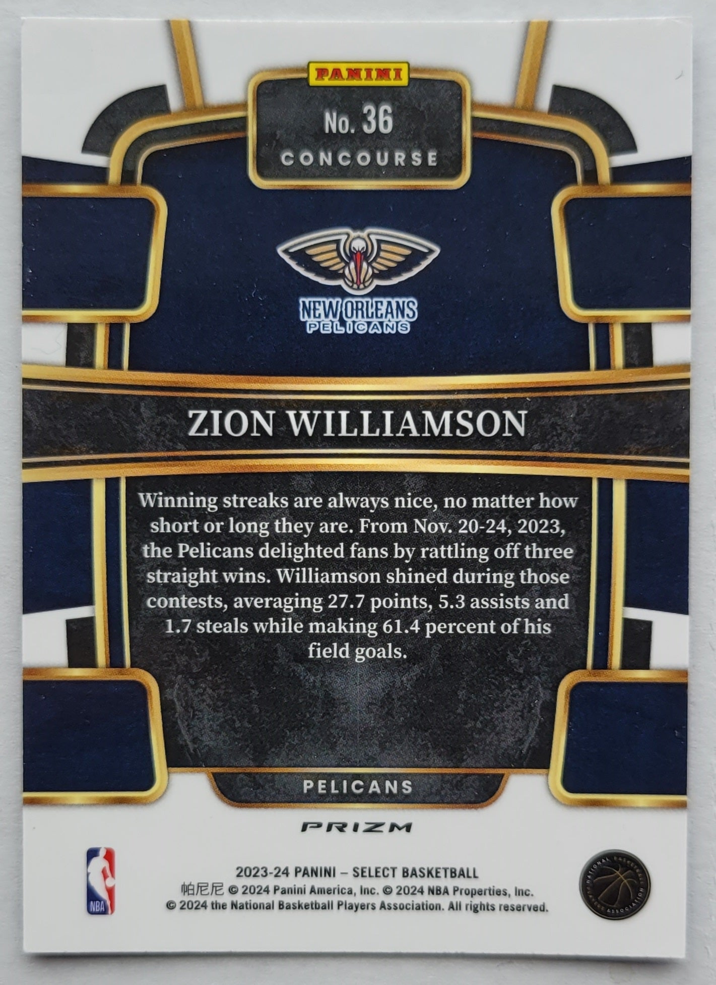 Zion Williamson - 2023-24 Select Prizms Blue #36