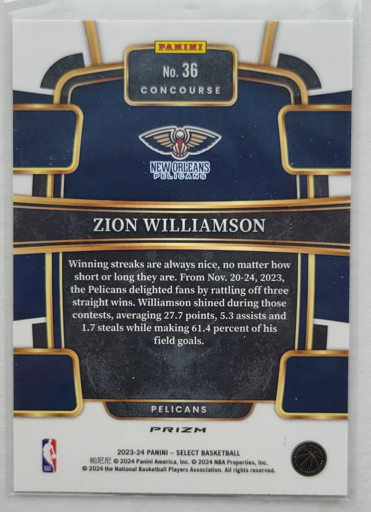 Zion Williamson - 2023-24 Select Prizms Blue Cracked Ice #36