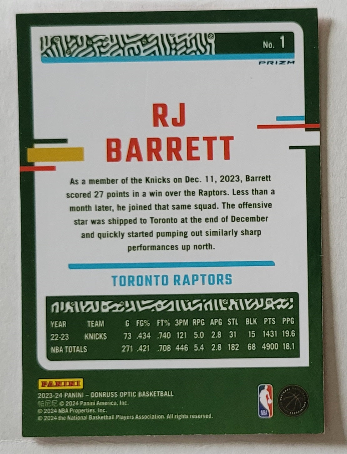 RJ Barrett - 2023-24 Donruss Optic Hyper Pink #1